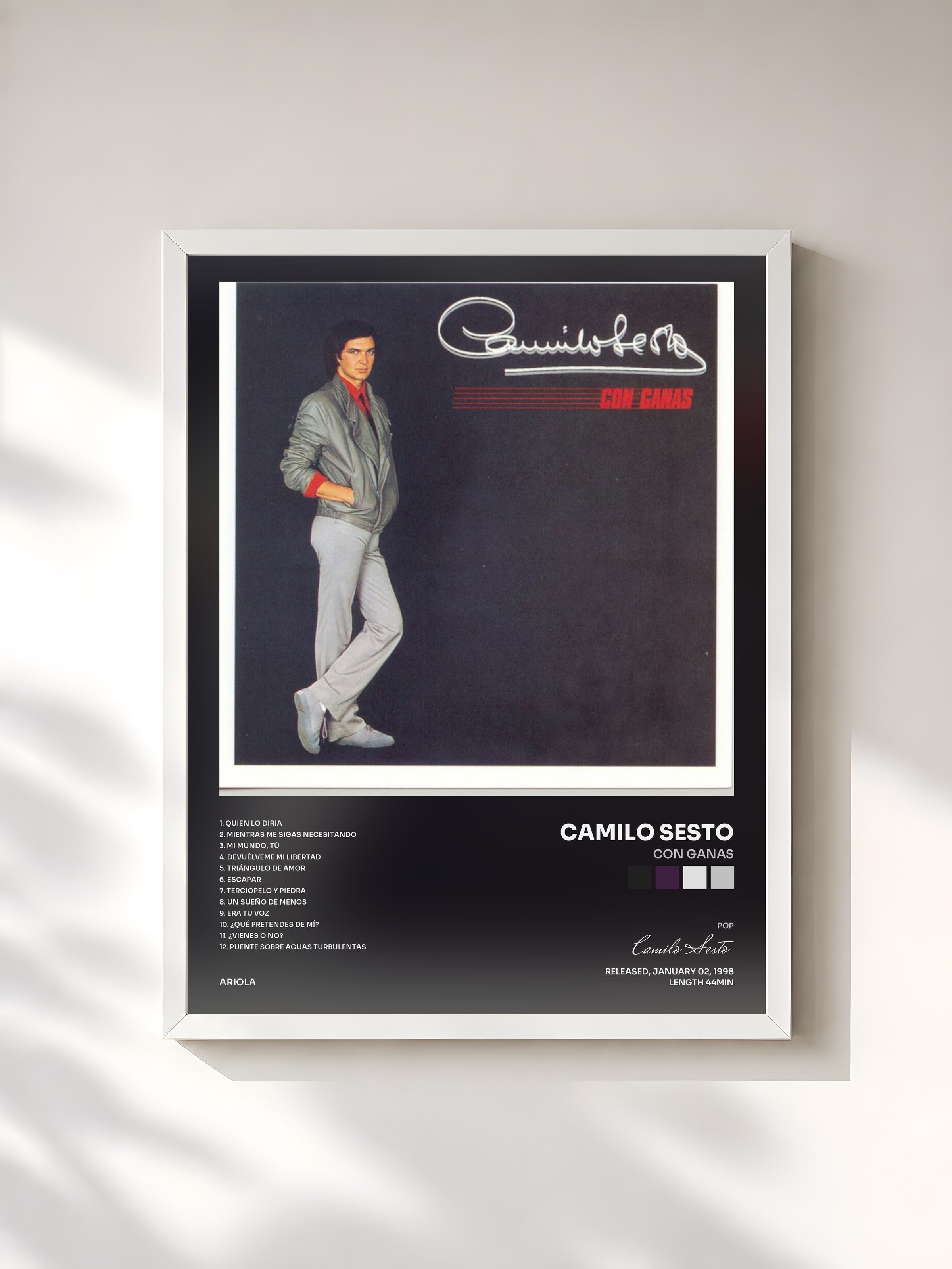 #blanc Tableau de l'album Con Ganas de Camilo Sesto, cadre blanc, imprimé et encadré en France