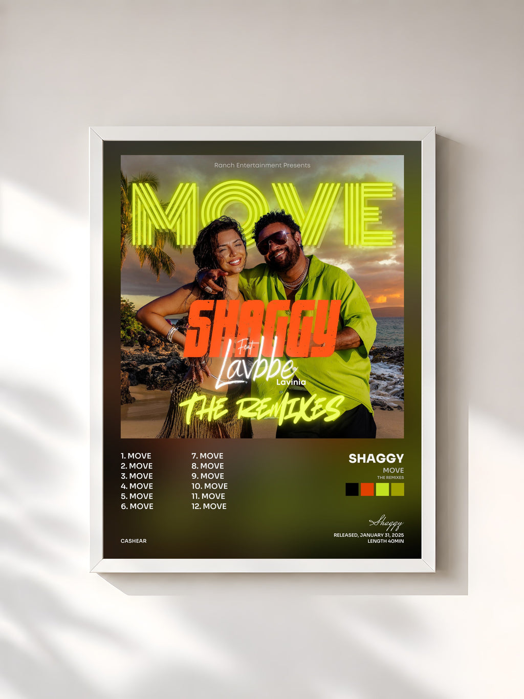 #blanc Tableau de l'album MOVE (The Remixes) de Shaggy, cadre blanc, imprimé et encadré en France