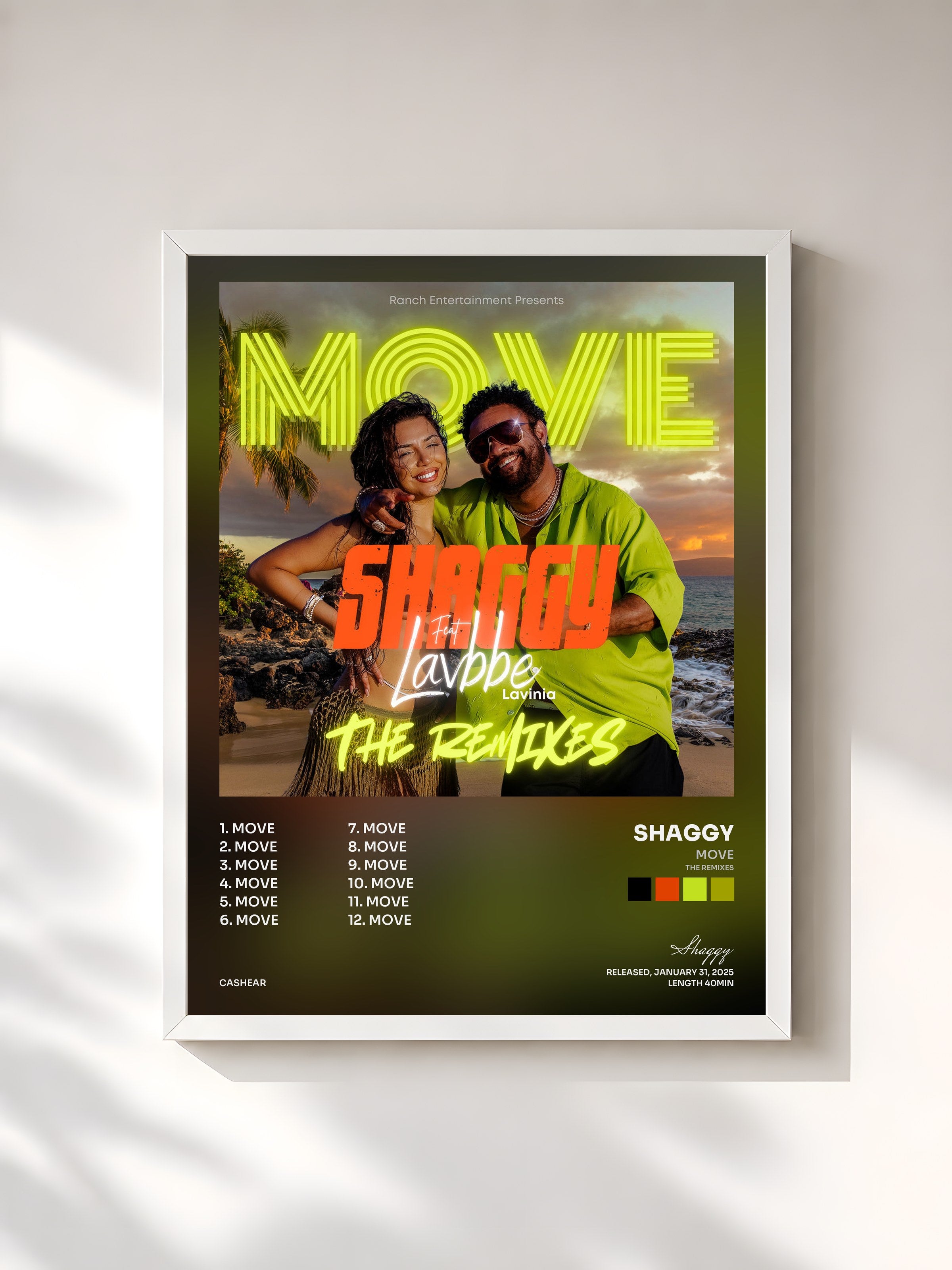 #blanc Tableau de l'album MOVE (The Remixes) de Shaggy, cadre blanc, imprimé et encadré en France