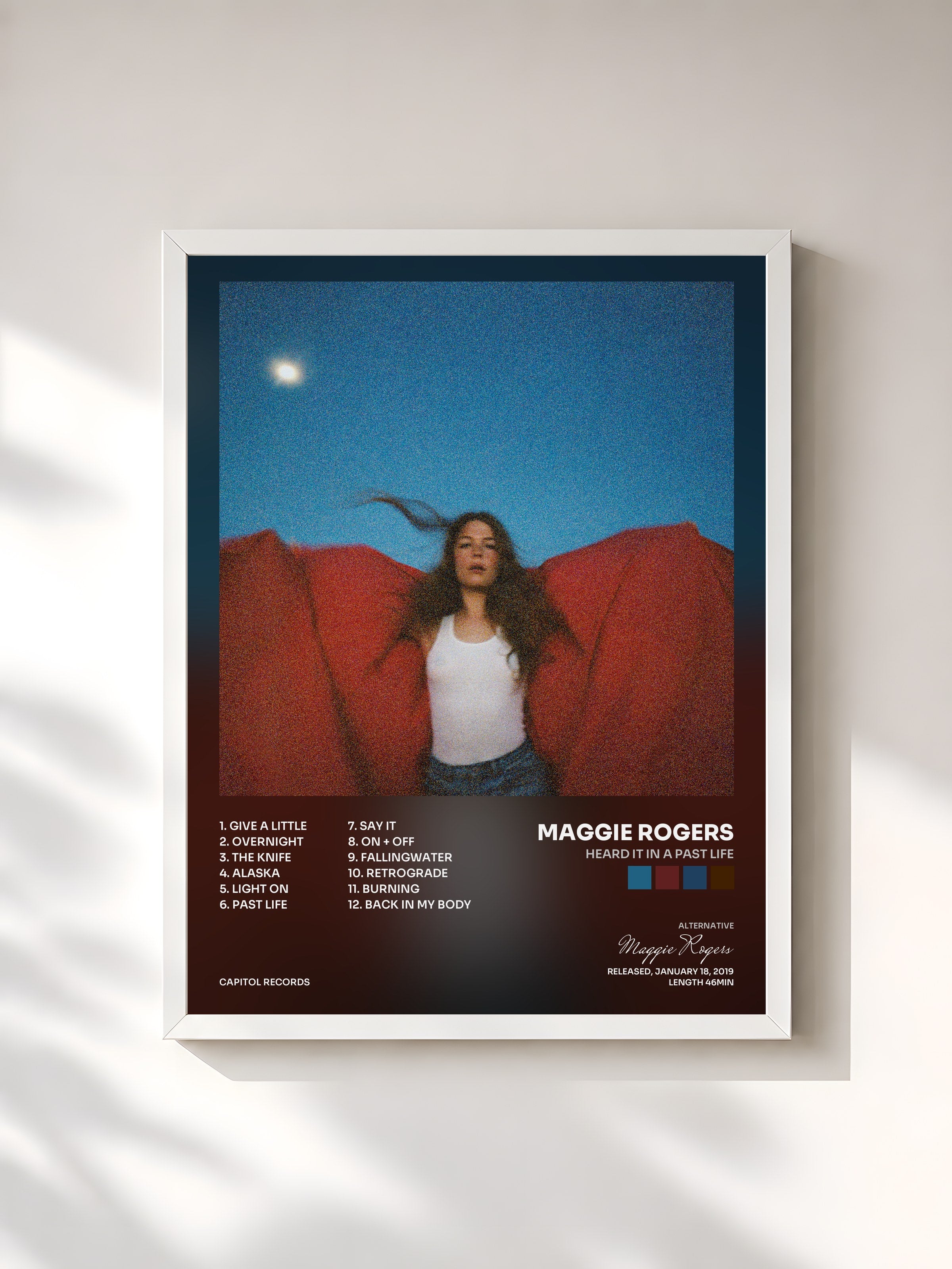 #blanc Tableau de l'album Heard It In A Past Life de Maggie Rogers, cadre blanc, imprimé et encadré en France