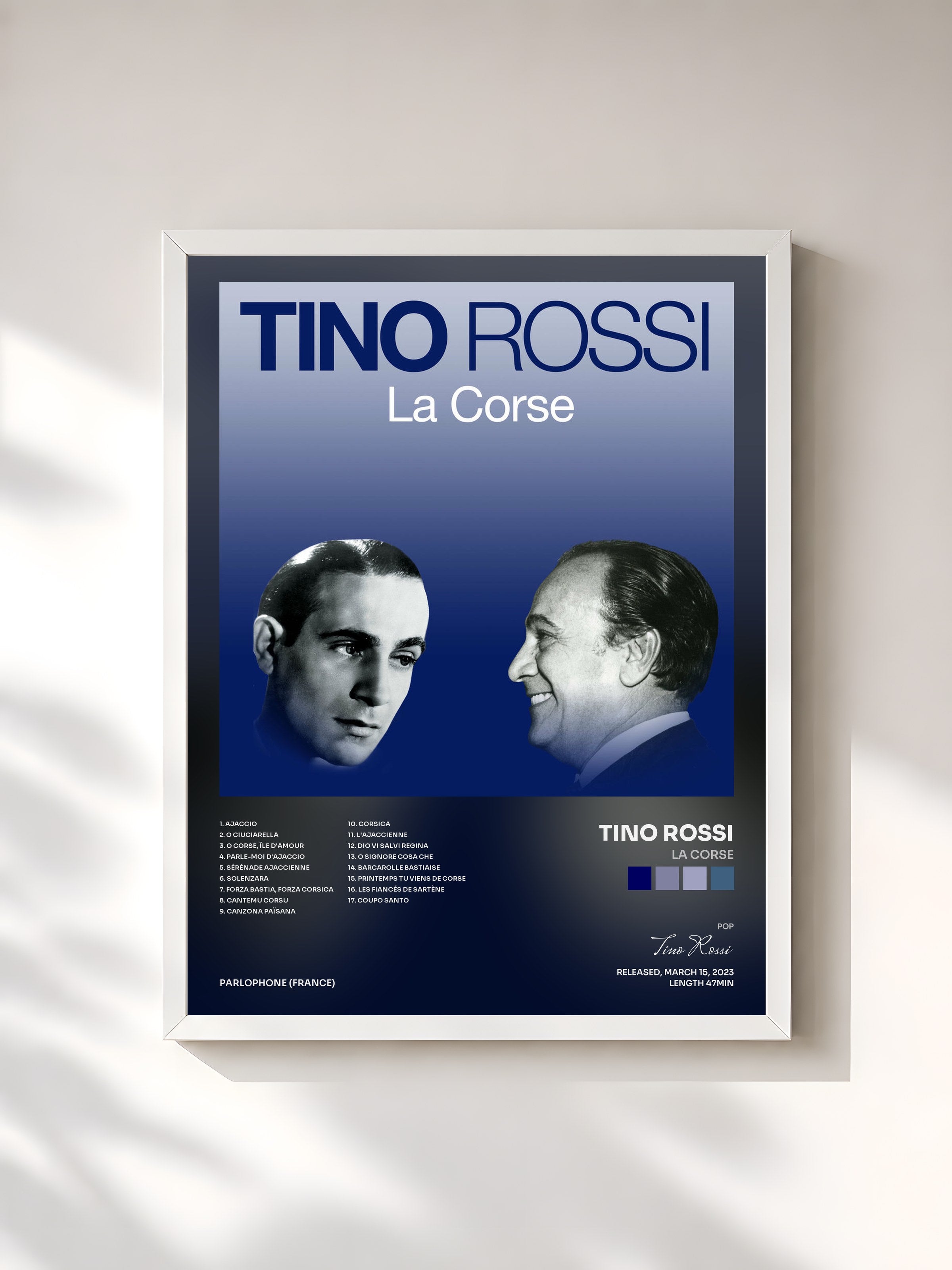 #blanc Tableau de l'album La Corse de Tino Rossi, cadre blanc, imprimé et encadré en France