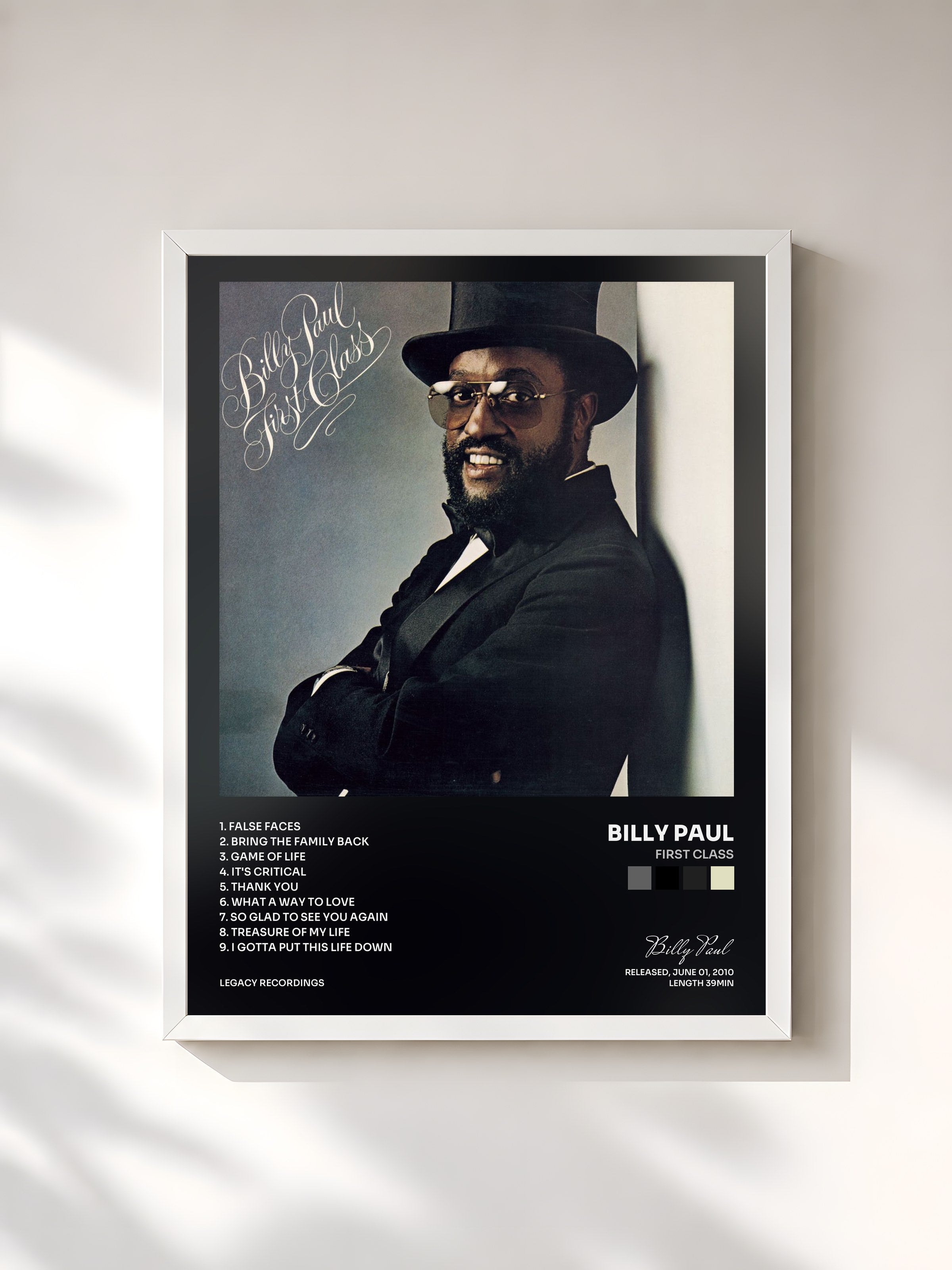 #blanc Tableau de l'album First Class de Billy Paul, cadre blanc, imprimé et encadré en France