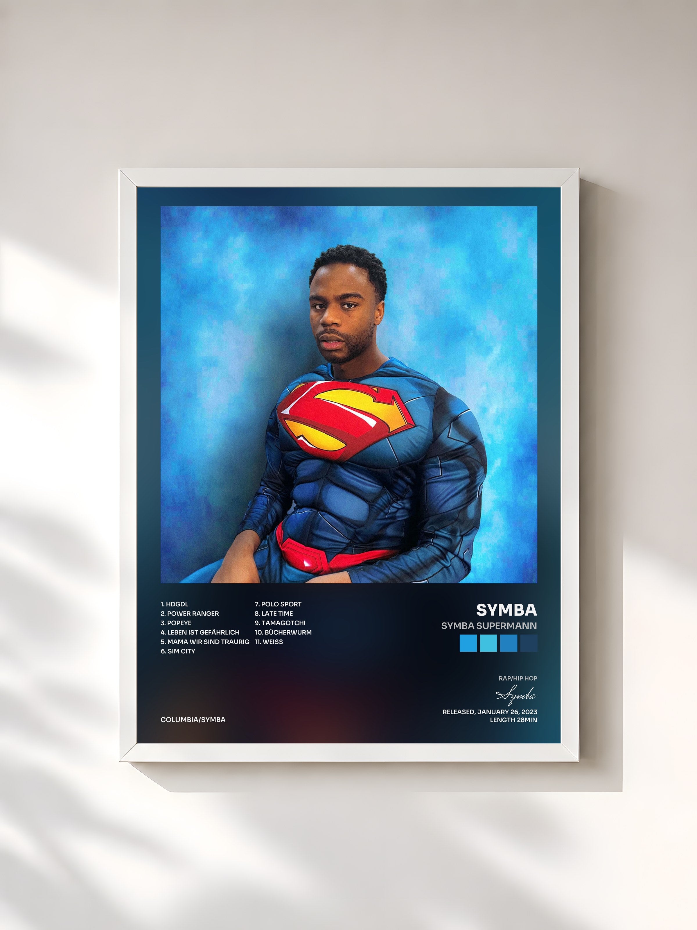 #blanc Tableau de l'album Symba Supermann de Symba, cadre blanc, imprimé et encadré en France