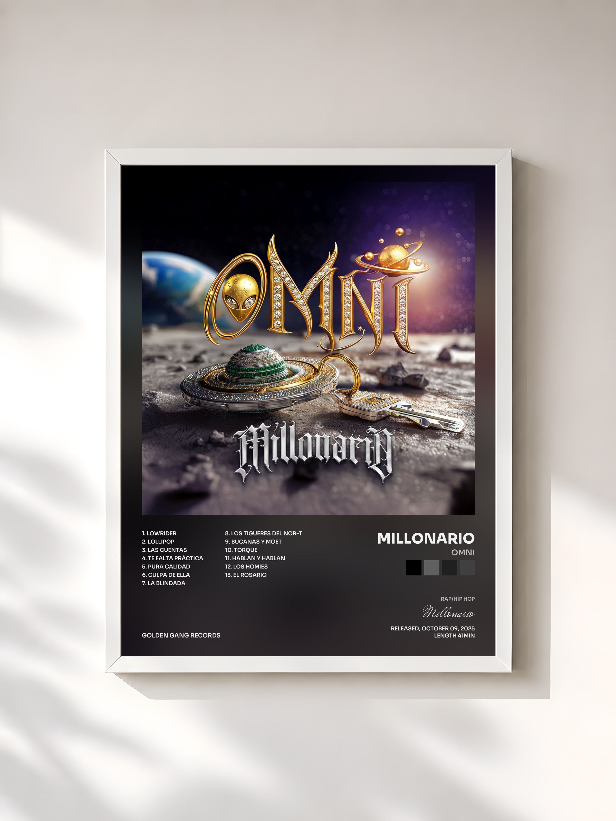 #blanc Tableau de l'album OMNI de Millonario, cadre blanc, imprimé et encadré en France