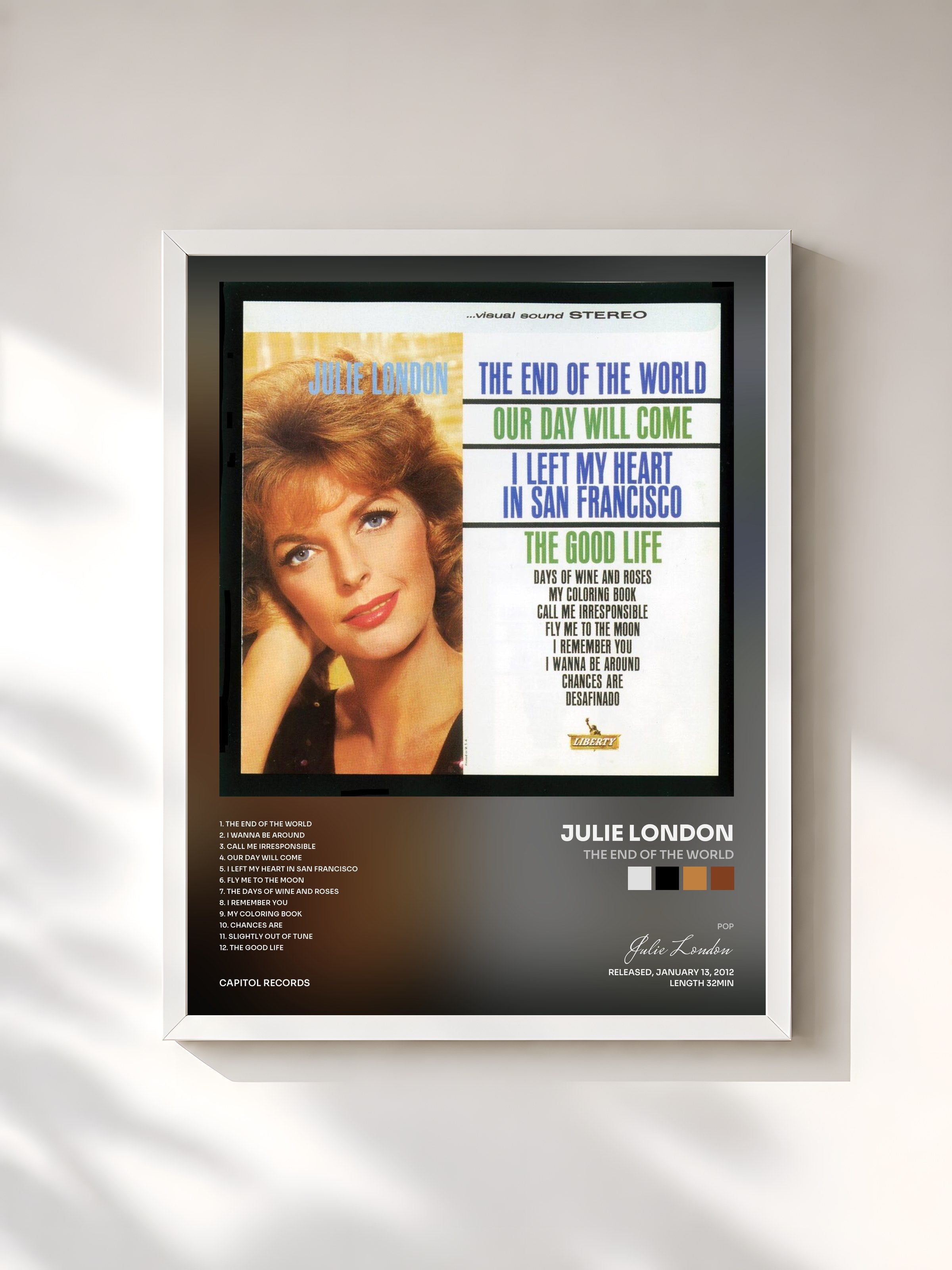 #blanc Tableau de l'album The End Of The World de Julie London, cadre blanc, imprimé et encadré en France