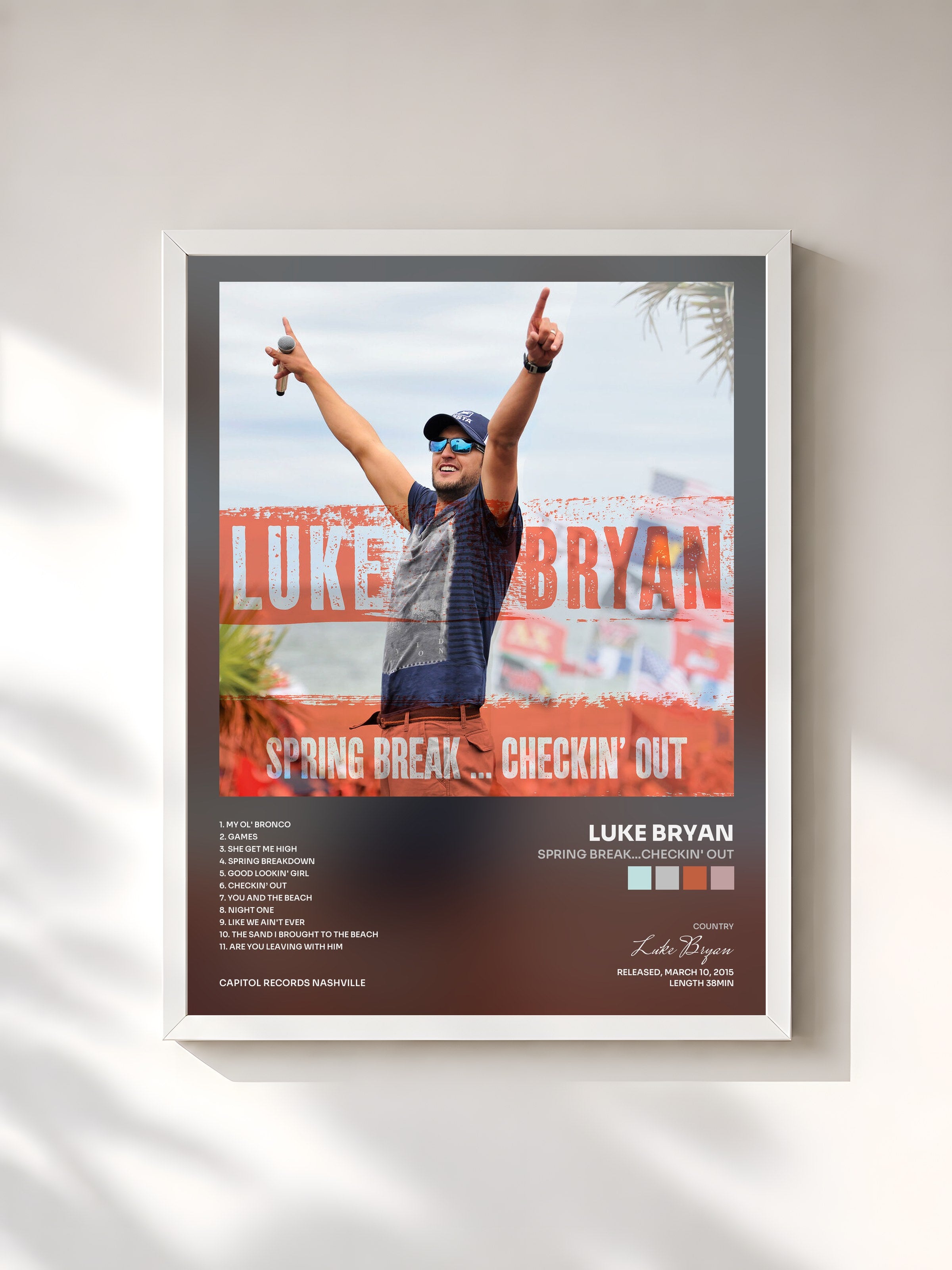 #blanc Tableau de l'album Spring Break...Checkin' Out de Luke Bryan, cadre blanc, imprimé et encadré en France