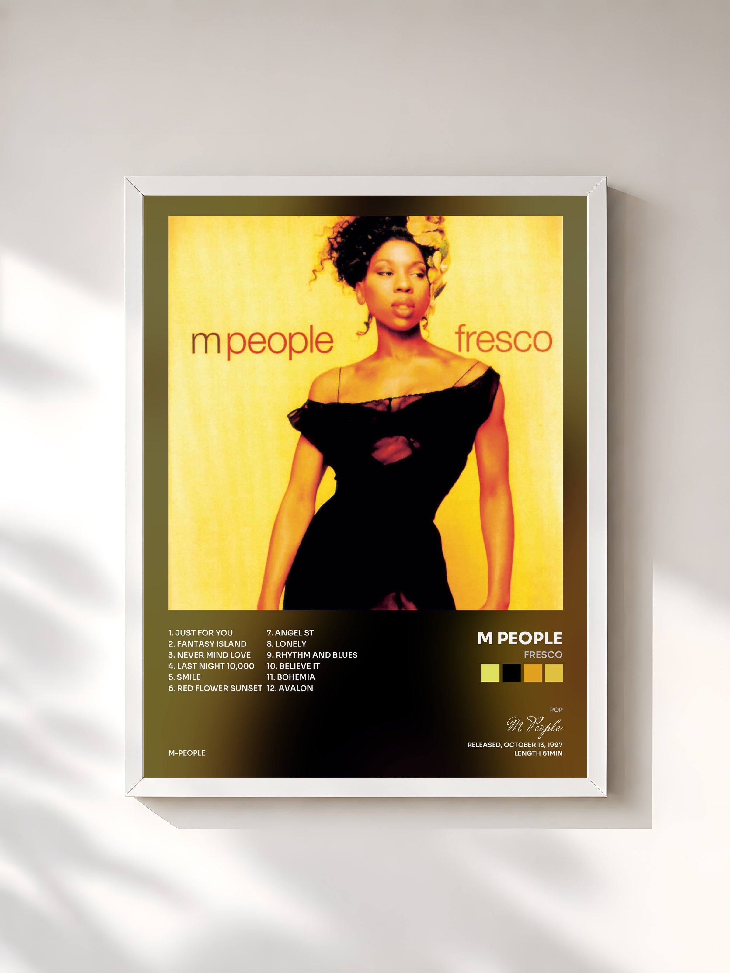 #blanc Tableau de l'album Fresco de M People, cadre blanc, imprimé et encadré en France