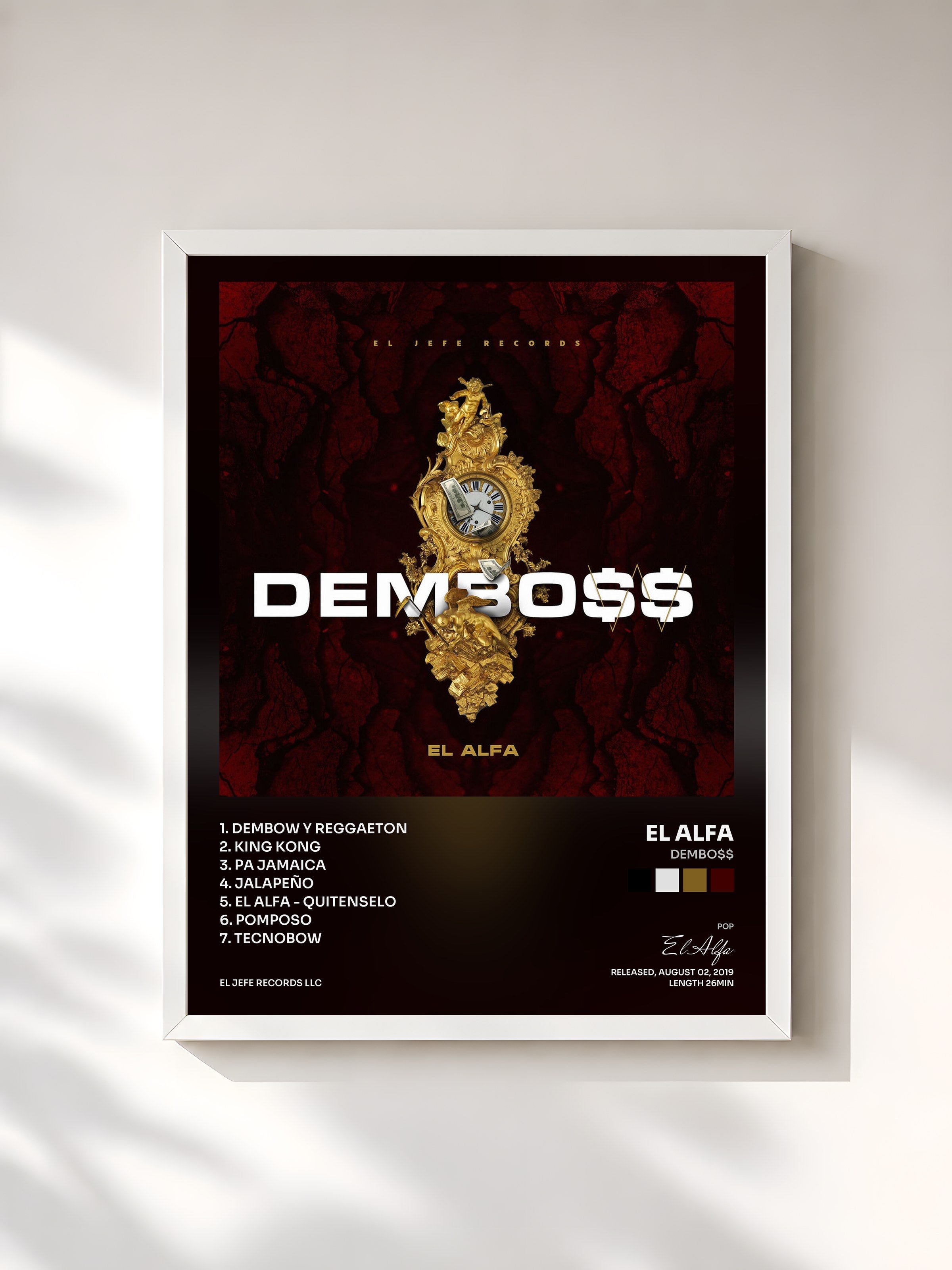 #blanc Tableau de l'album DEMBO$$ de El Alfa, cadre blanc, imprimé et encadré en France