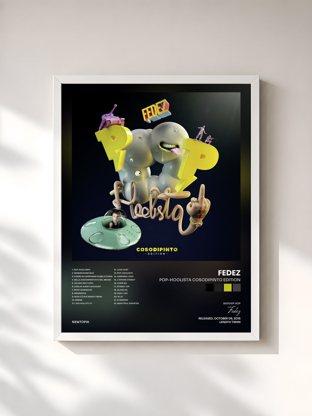 #blanc Tableau de l'album Pop-Hoolista Cosodipinto Edition de Fedez, cadre blanc, imprimé et encadré en France