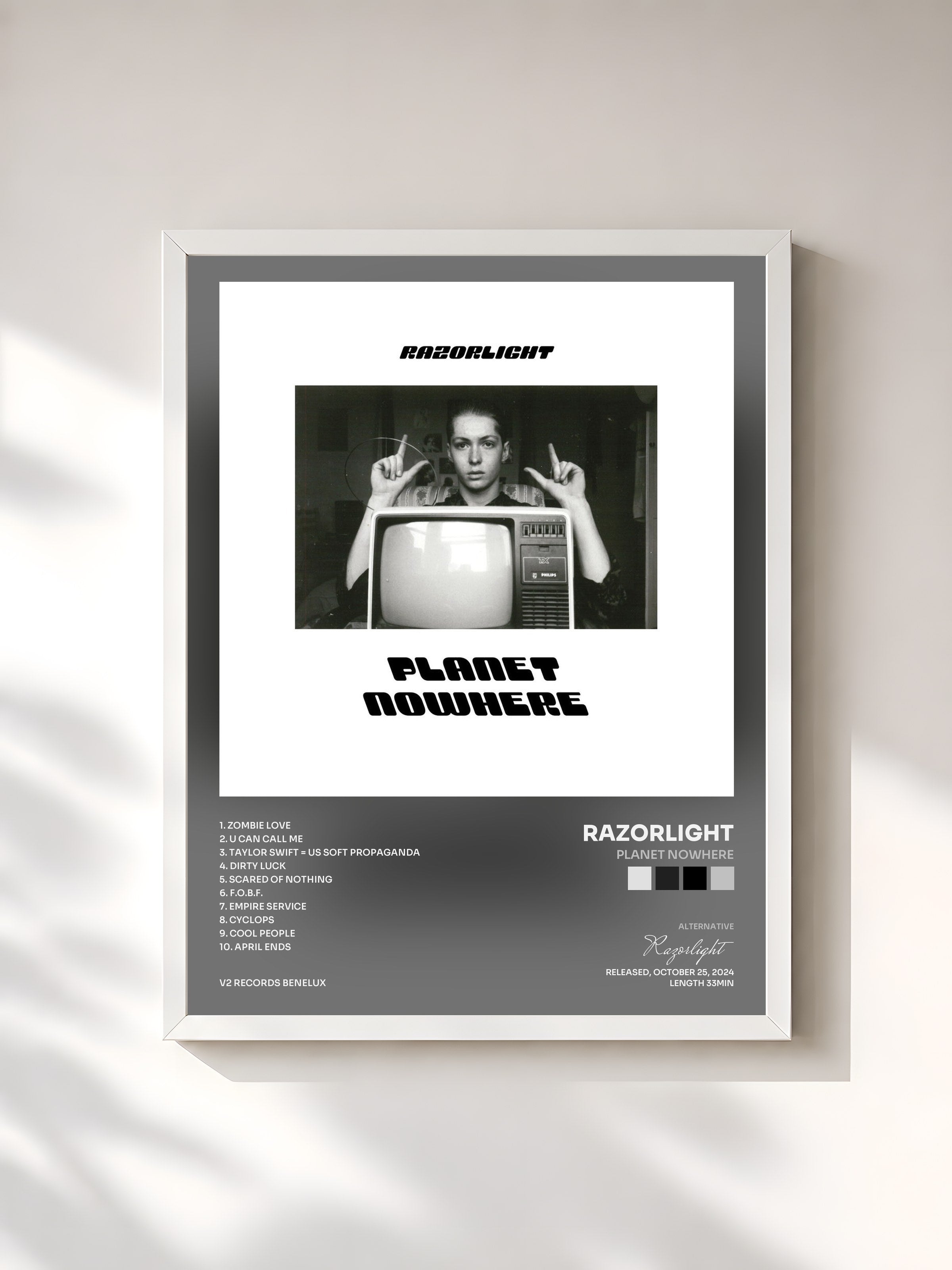 #blanc Tableau de l'album Planet Nowhere de Razorlight, cadre blanc, imprimé et encadré en France