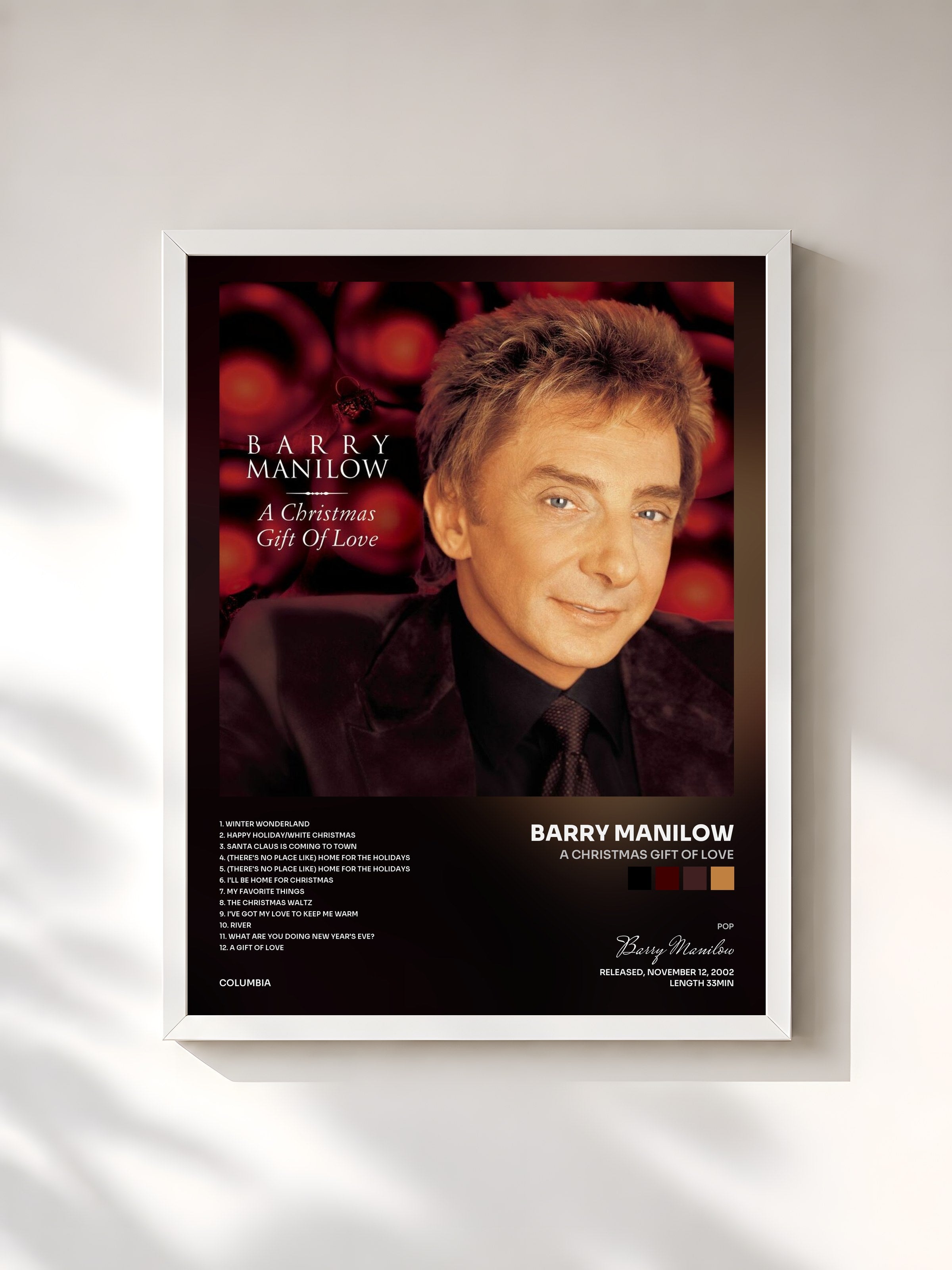 #blanc Tableau de l'album A Christmas Gift Of Love de Barry Manilow, cadre blanc, imprimé et encadré en France
