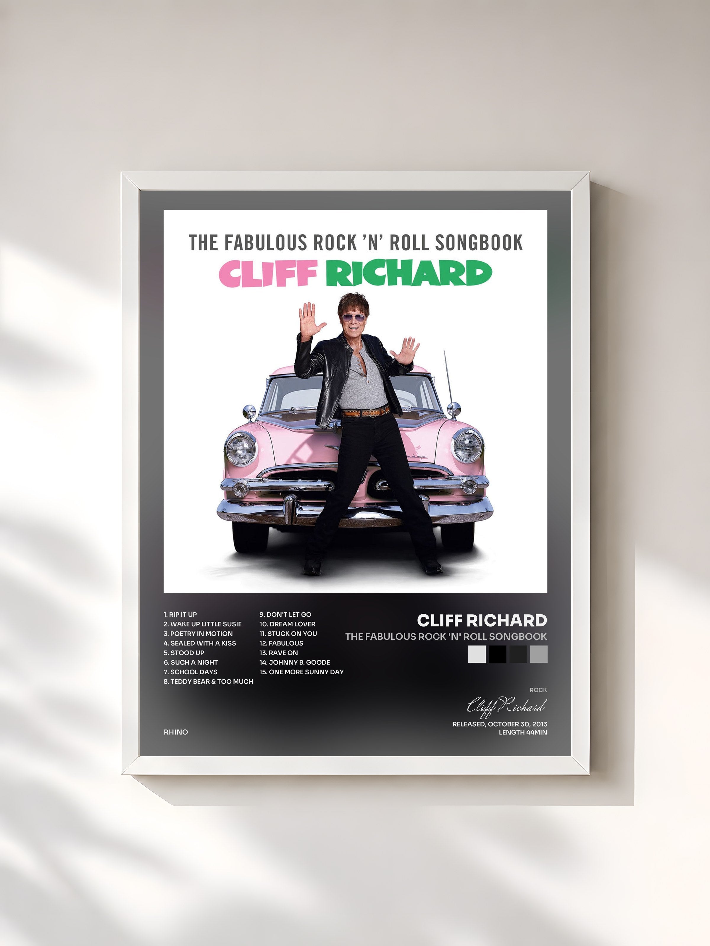#blanc Tableau de l'album The Fabulous Rock 'n' Roll Songbook de Cliff Richard, cadre blanc, imprimé et encadré en France