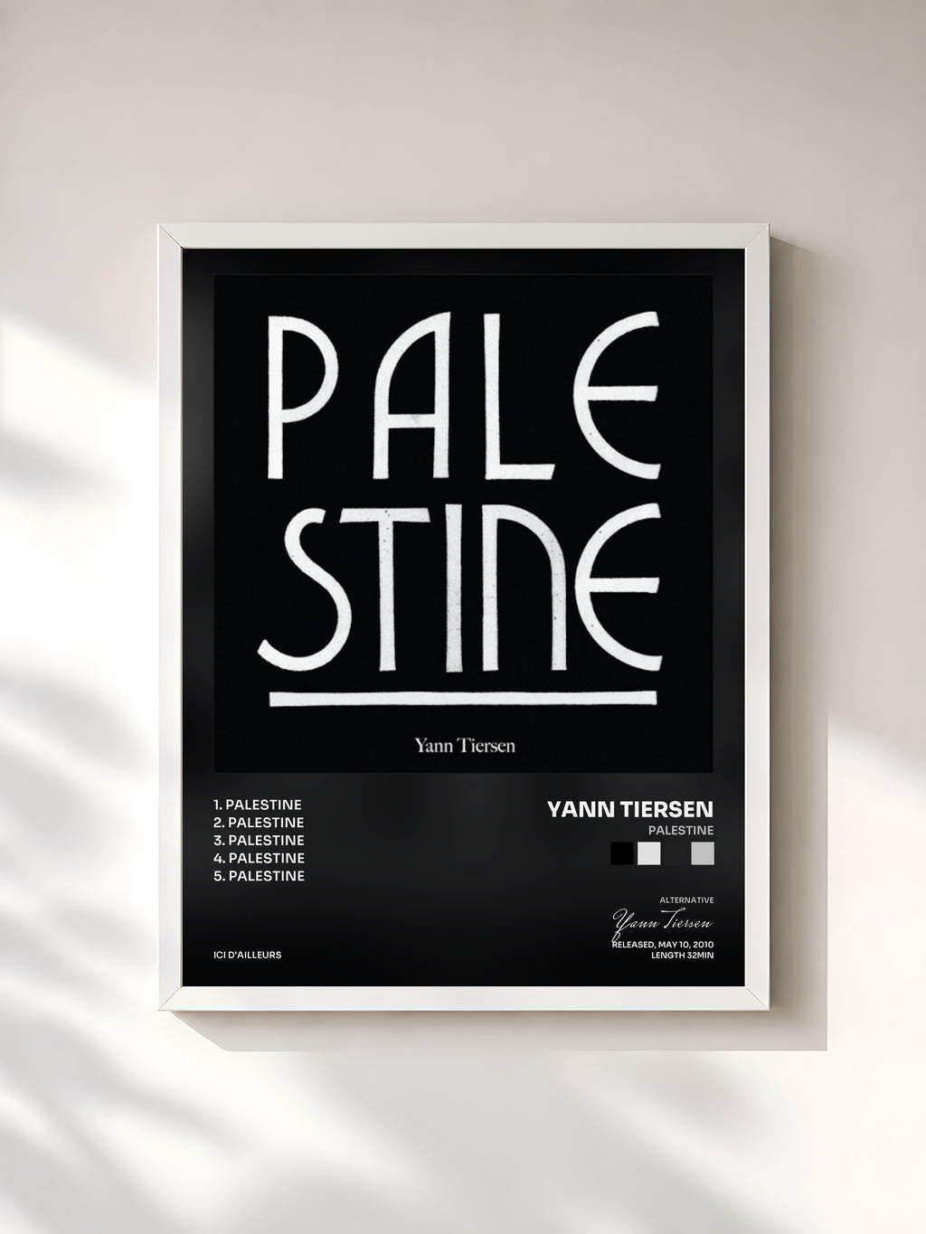 #blanc Tableau de l'album Palestine de Yann Tiersen, cadre blanc, imprimé et encadré en France