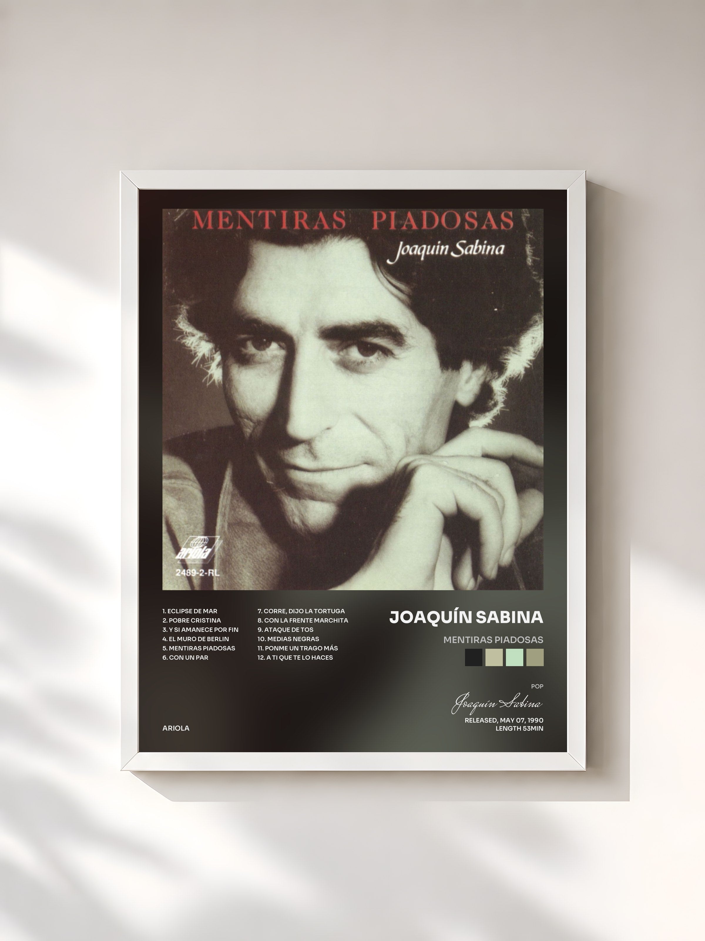 #blanc Tableau de l'album Mentiras Piadosas de Joaquín Sabina, cadre blanc, imprimé et encadré en France