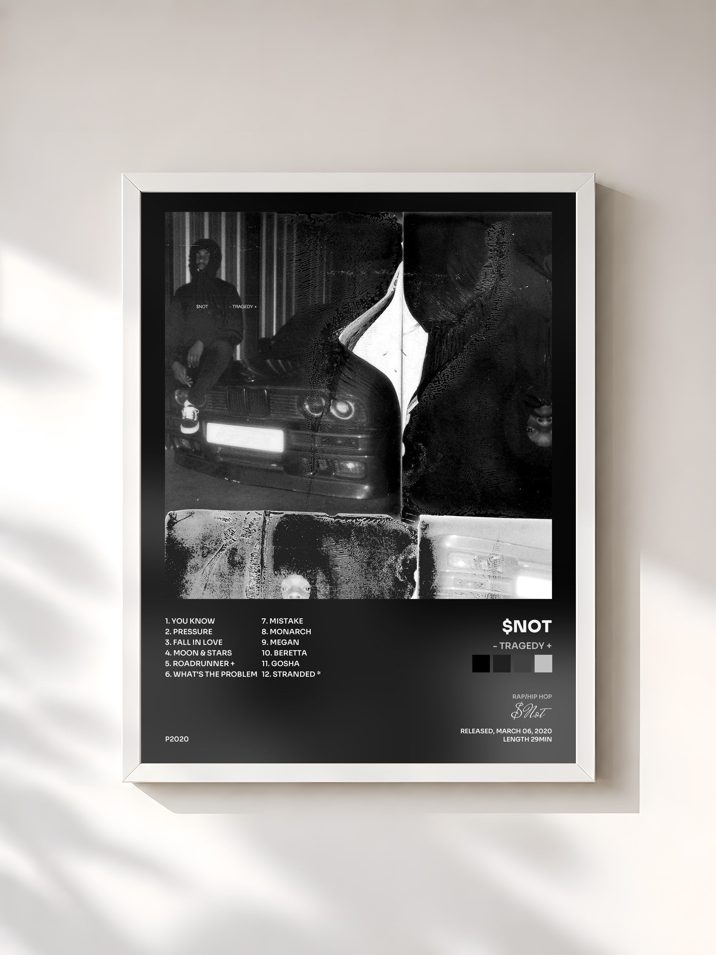 #blanc Tableau de l'album - TRAGEDY + de $Not, cadre blanc, imprimé et encadré en France