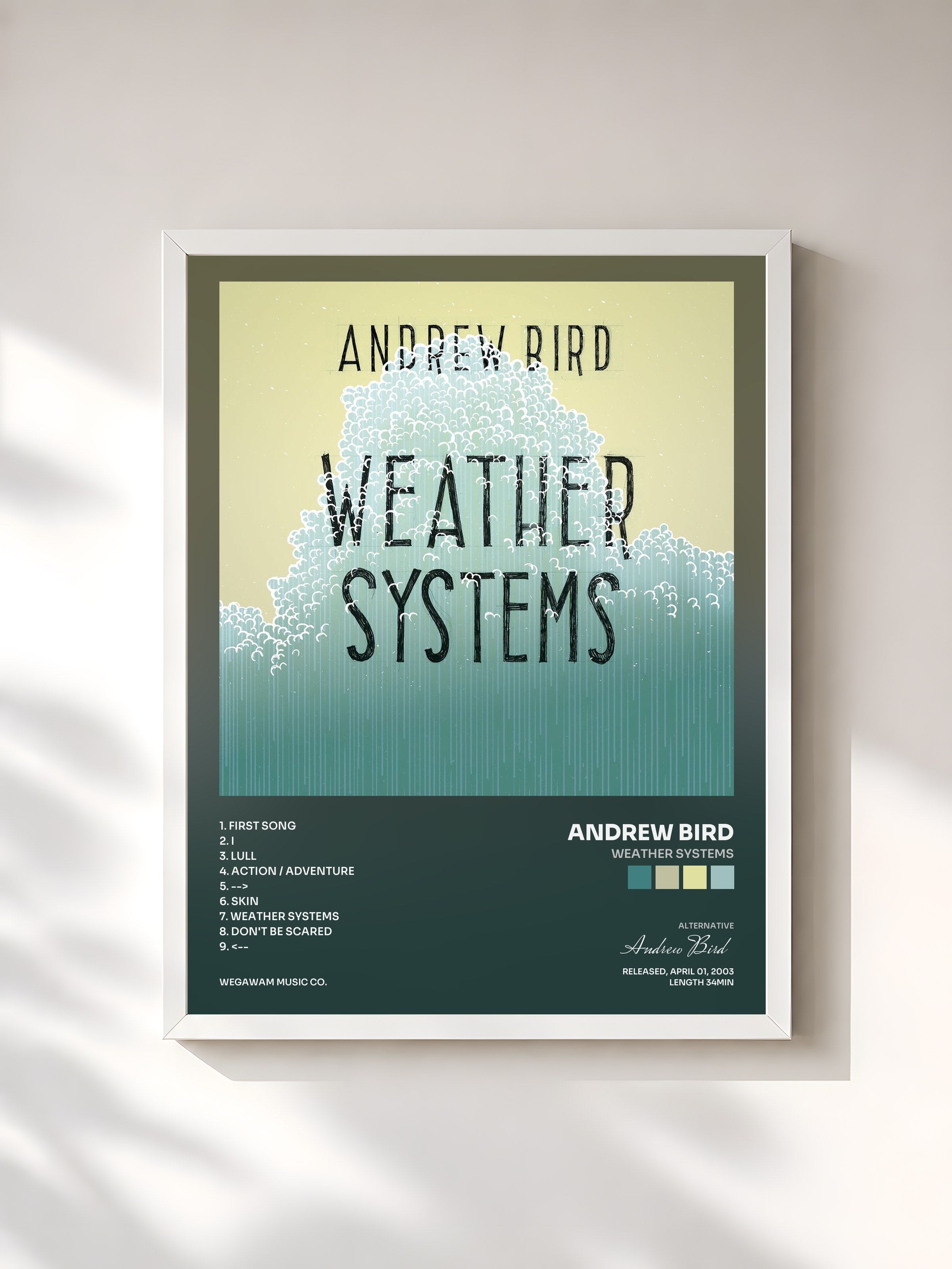#blanc Tableau de l'album Weather Systems de Andrew Bird, cadre blanc, imprimé et encadré en France