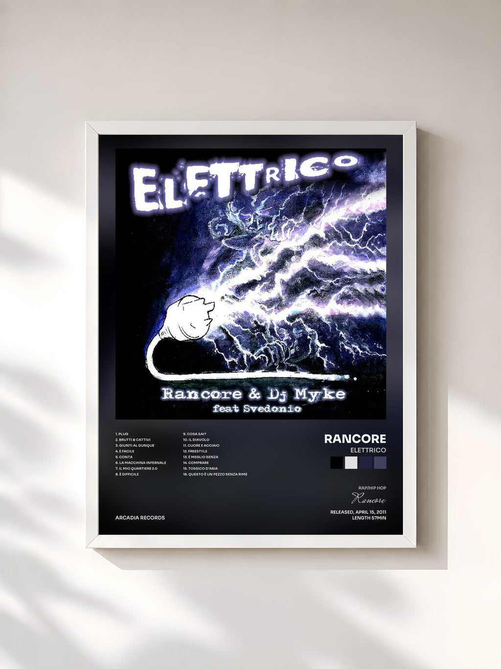 #blanc Tableau de l'album Elettrico de Rancore, cadre blanc, imprimé et encadré en France