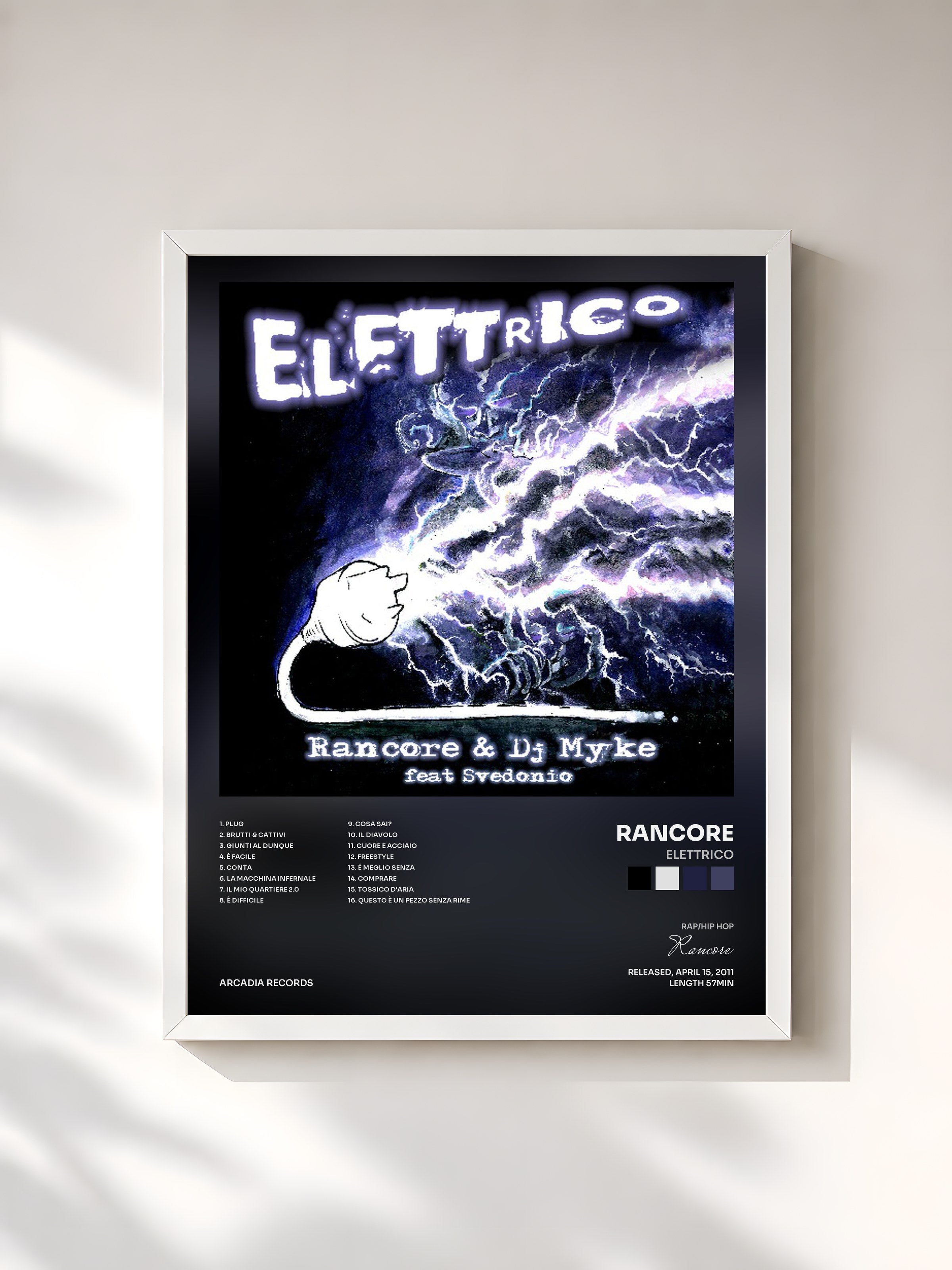 #blanc Tableau de l'album Elettrico de Rancore, cadre blanc, imprimé et encadré en France