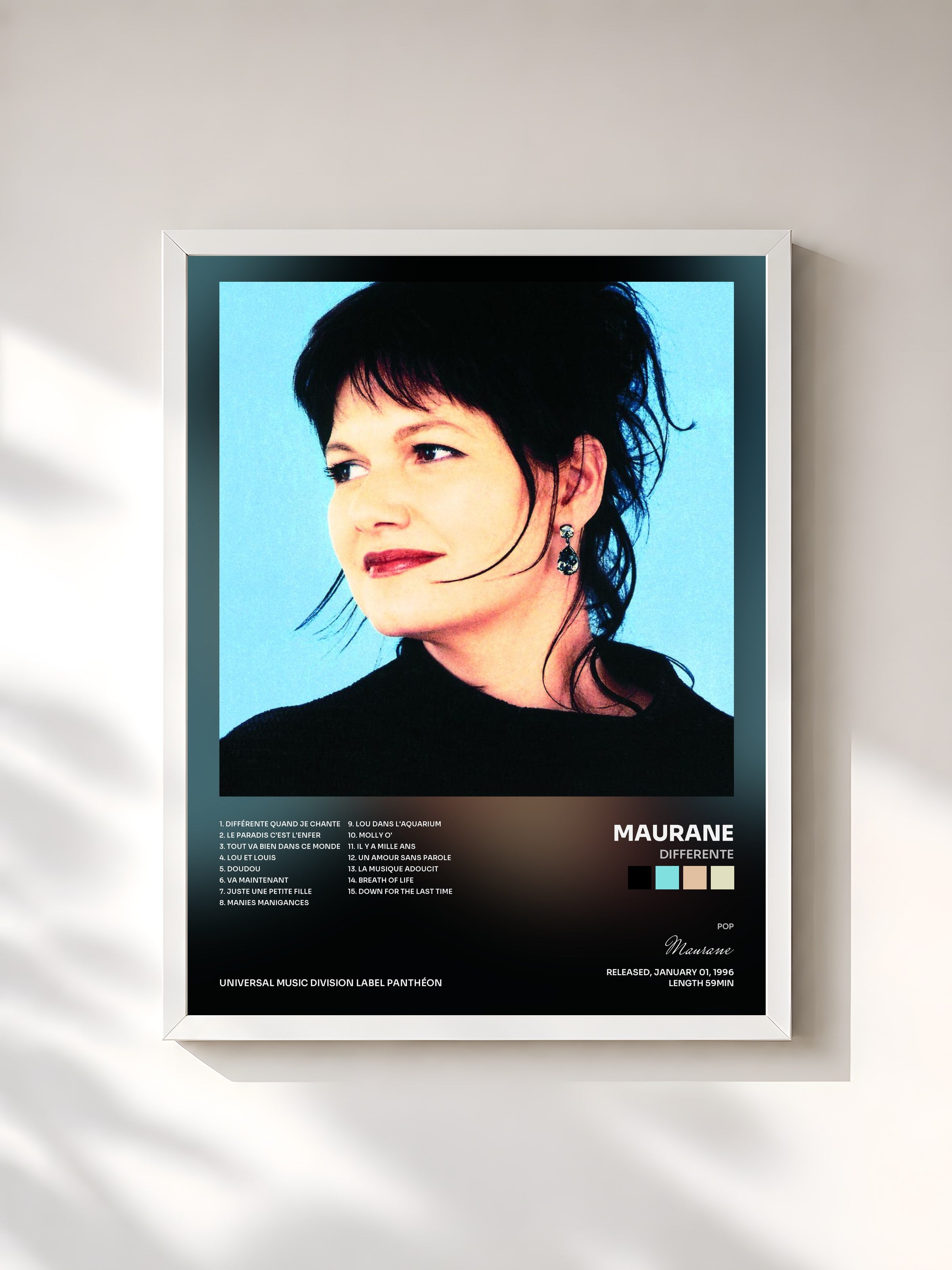 #blanc Tableau de l'album Differente de Maurane, cadre blanc, imprimé et encadré en France