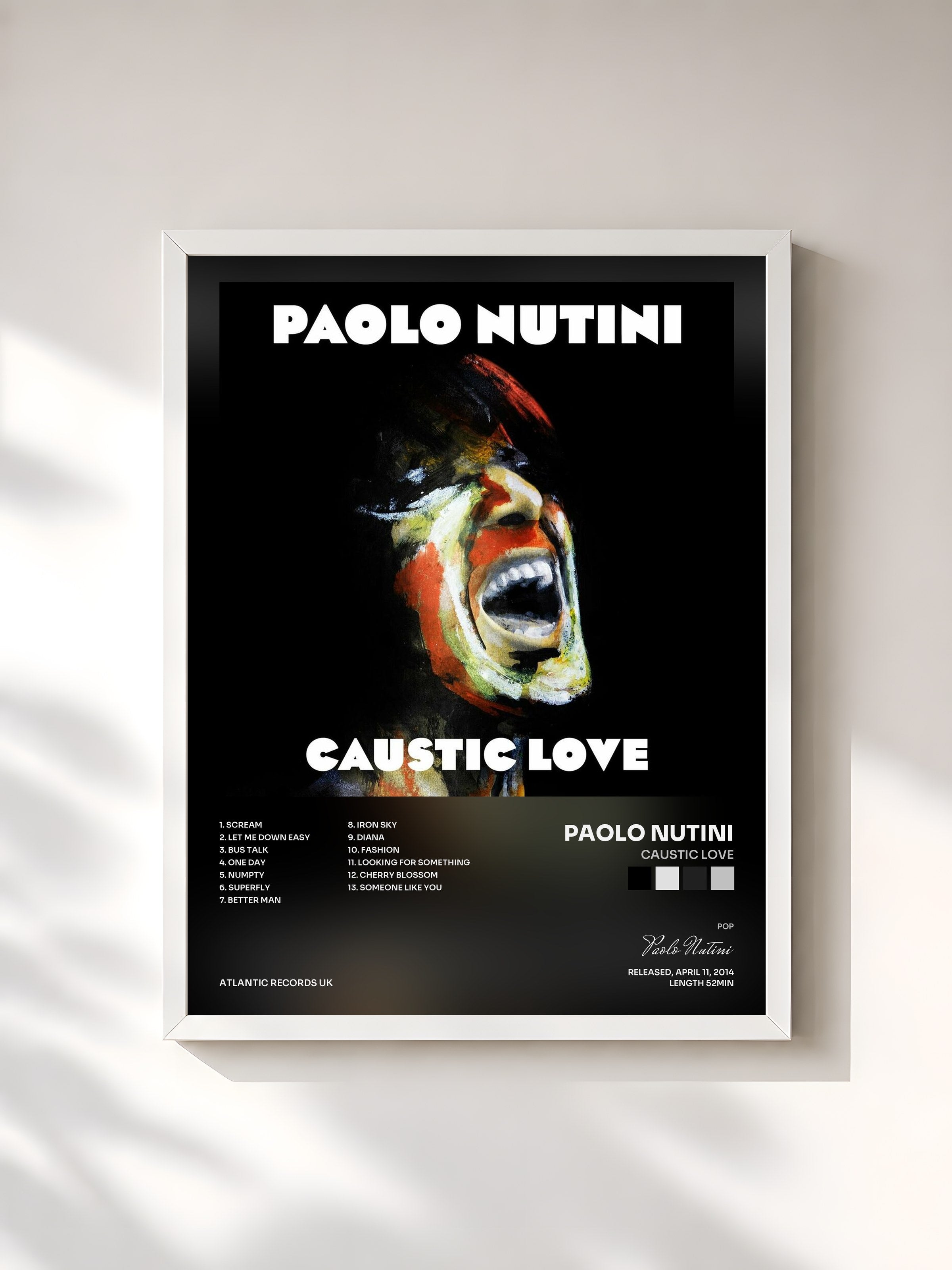 #blanc Tableau de l'album Caustic Love de Paolo Nutini, cadre blanc, imprimé et encadré en France