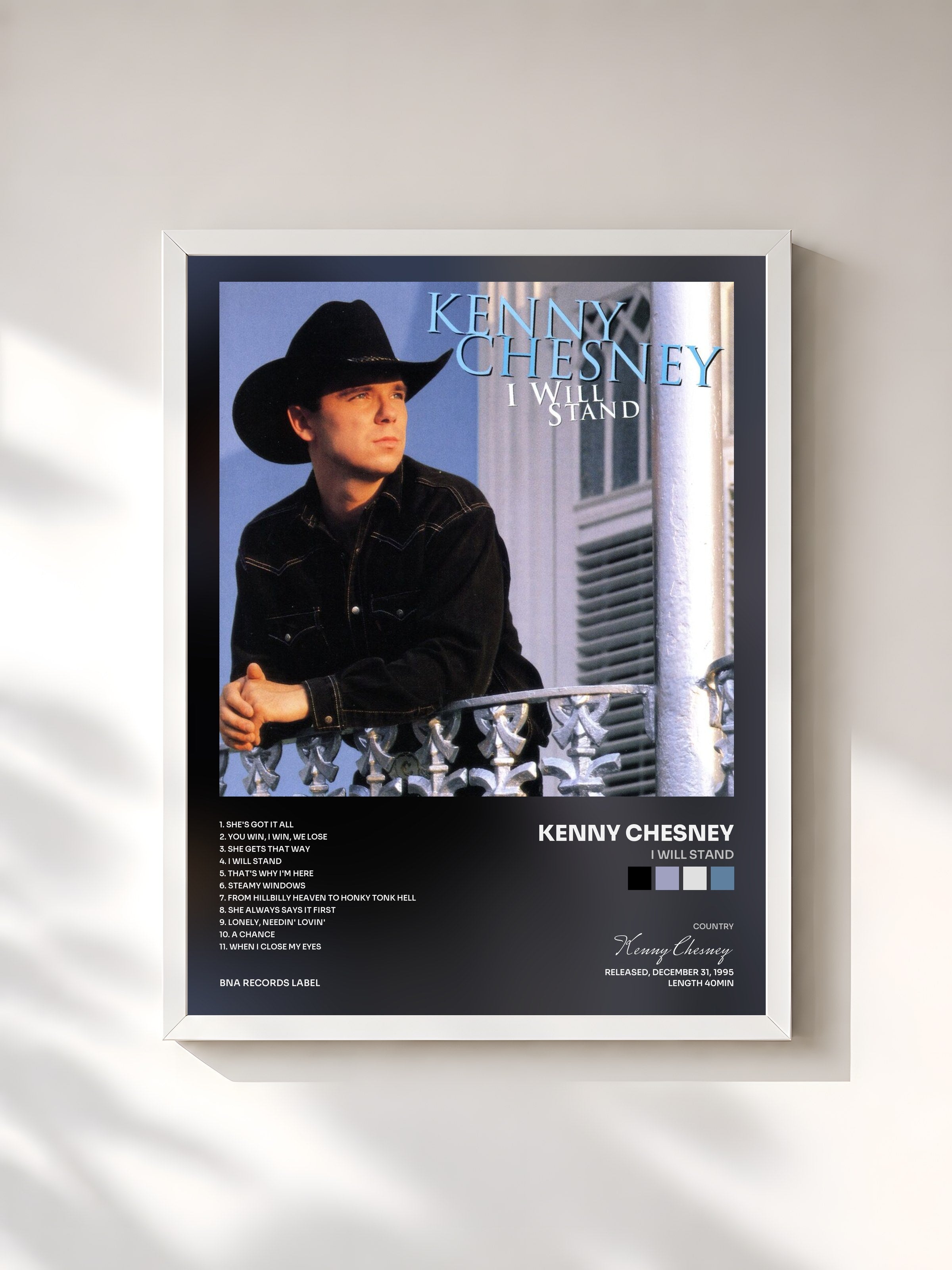 #blanc Tableau de l'album I Will Stand de Kenny Chesney, cadre blanc, imprimé et encadré en France