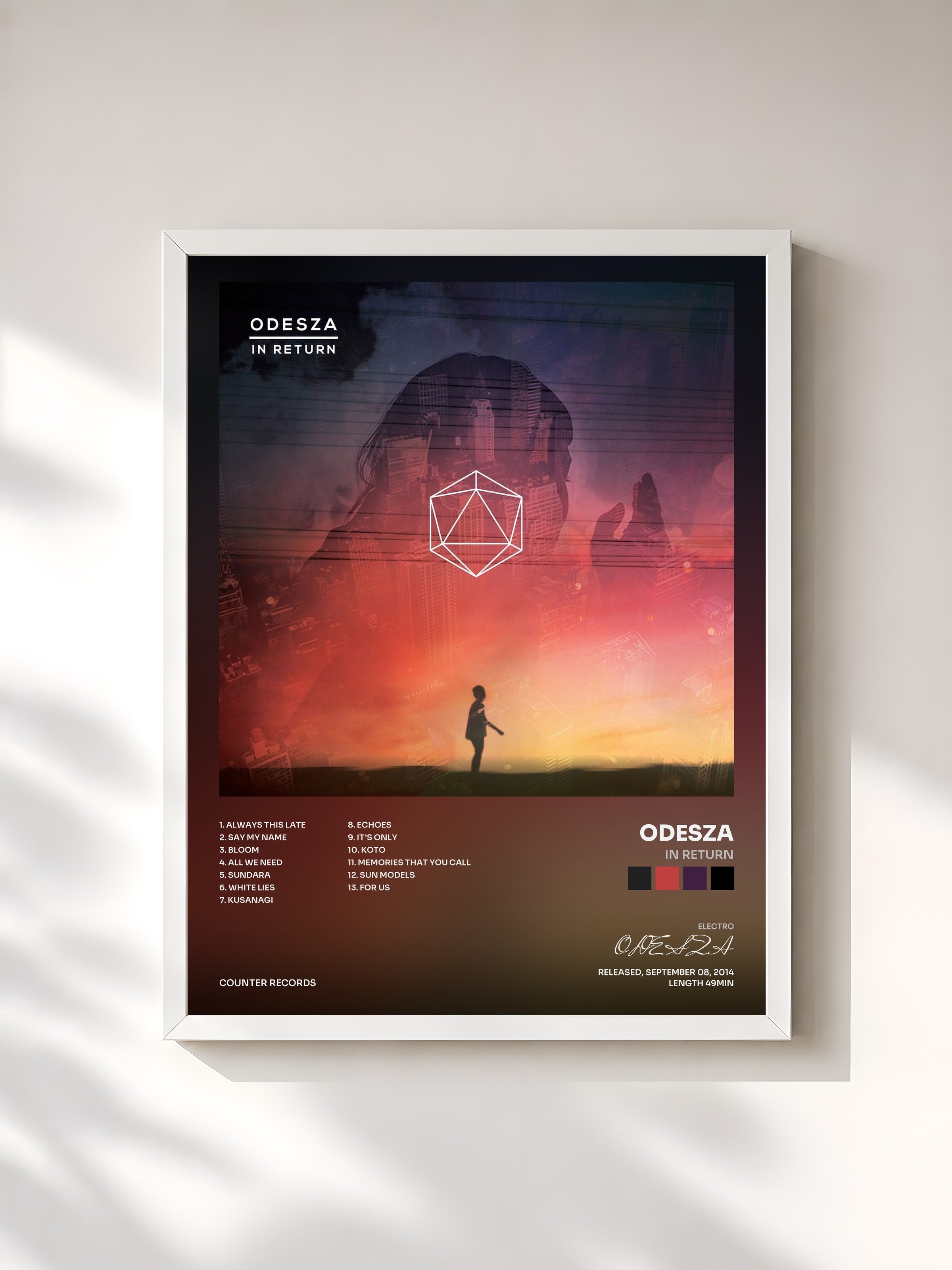 #blanc Tableau de l'album In Return de ODESZA, cadre blanc, imprimé et encadré en France