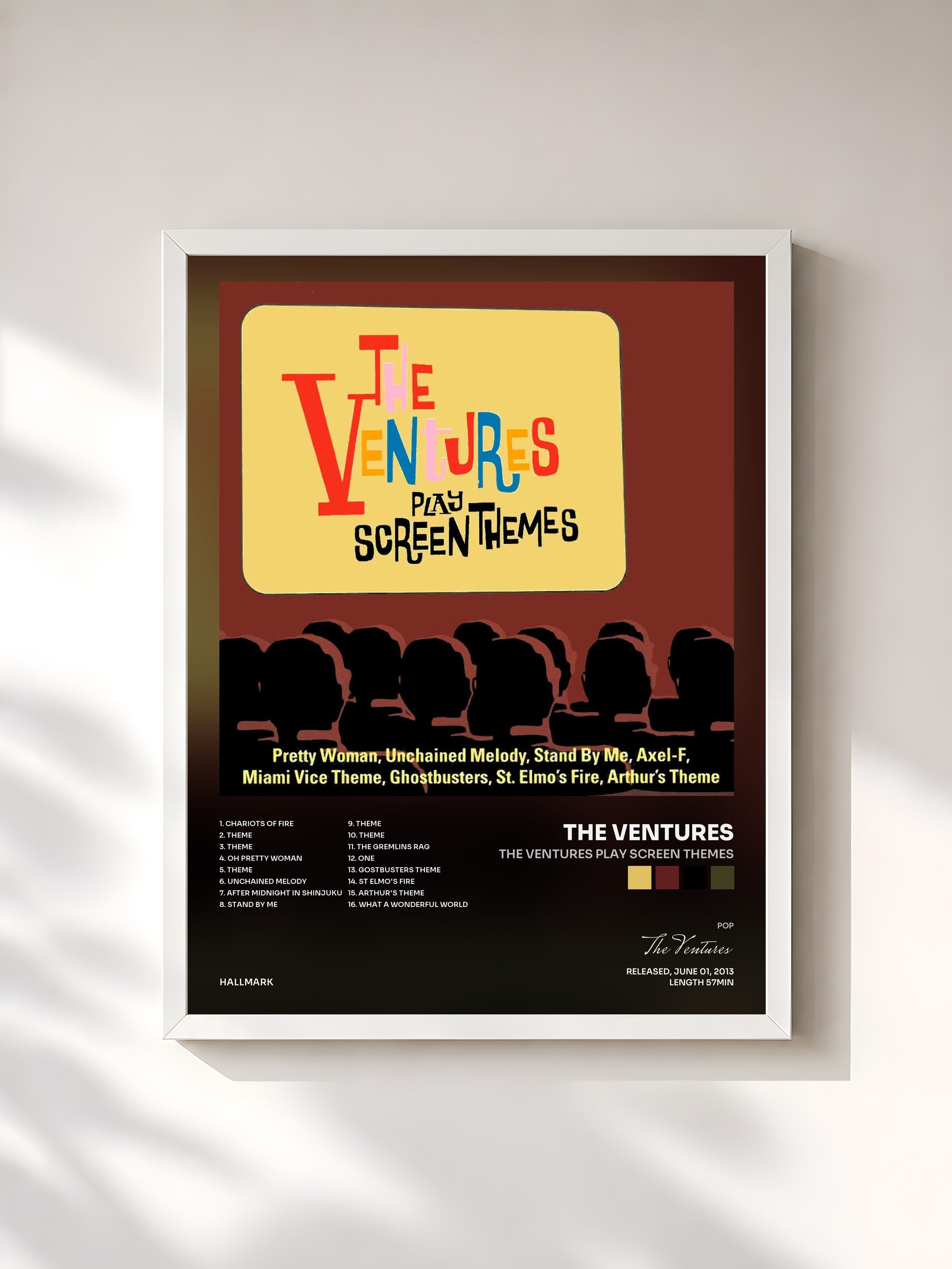 #blanc Tableau de l'album The Ventures Play Screen Themes de The Ventures, cadre blanc, imprimé et encadré en France
