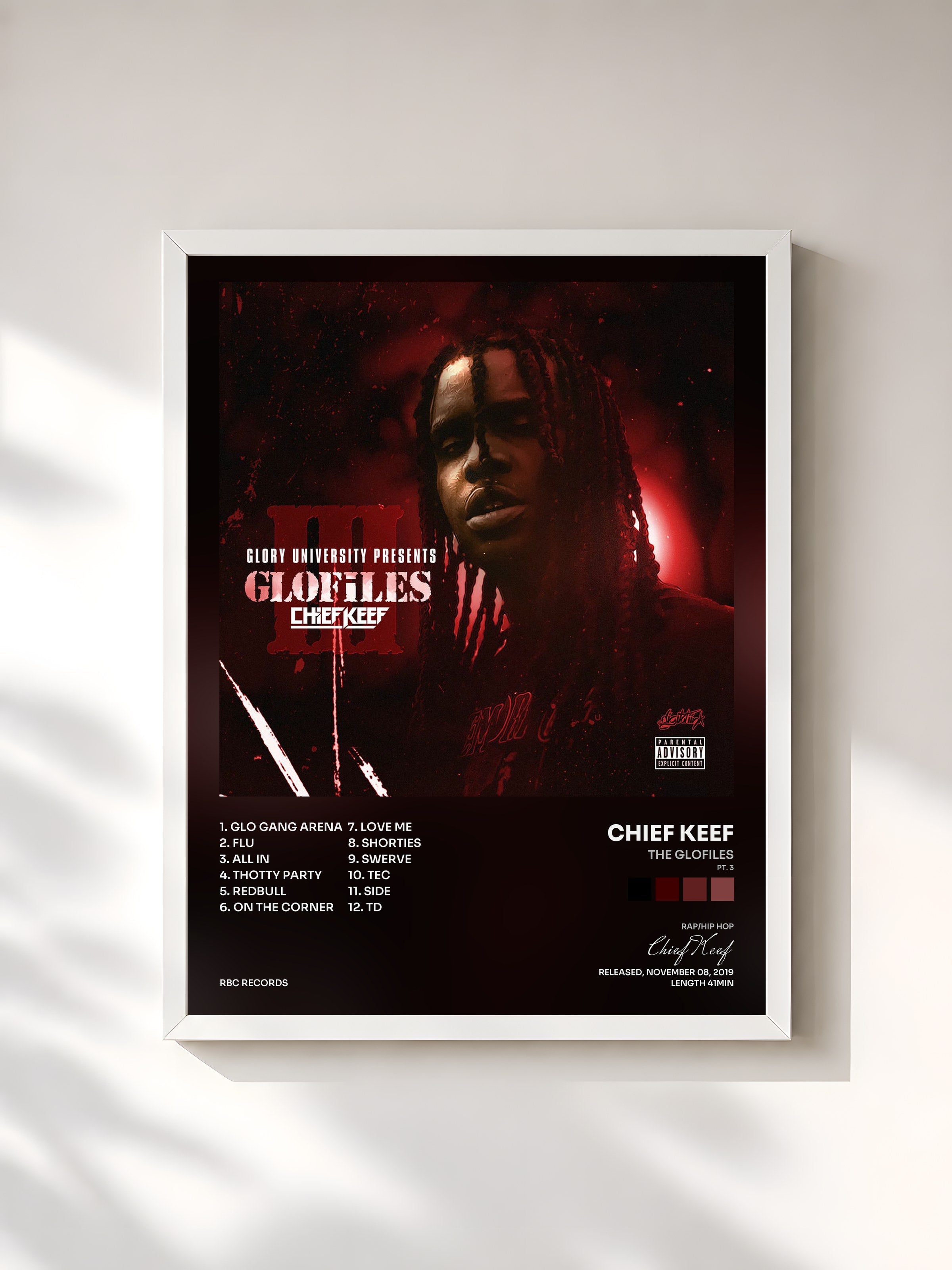 #blanc Tableau de l'album The GloFiles (Pt. 3) de Chief Keef, cadre blanc, imprimé et encadré en France