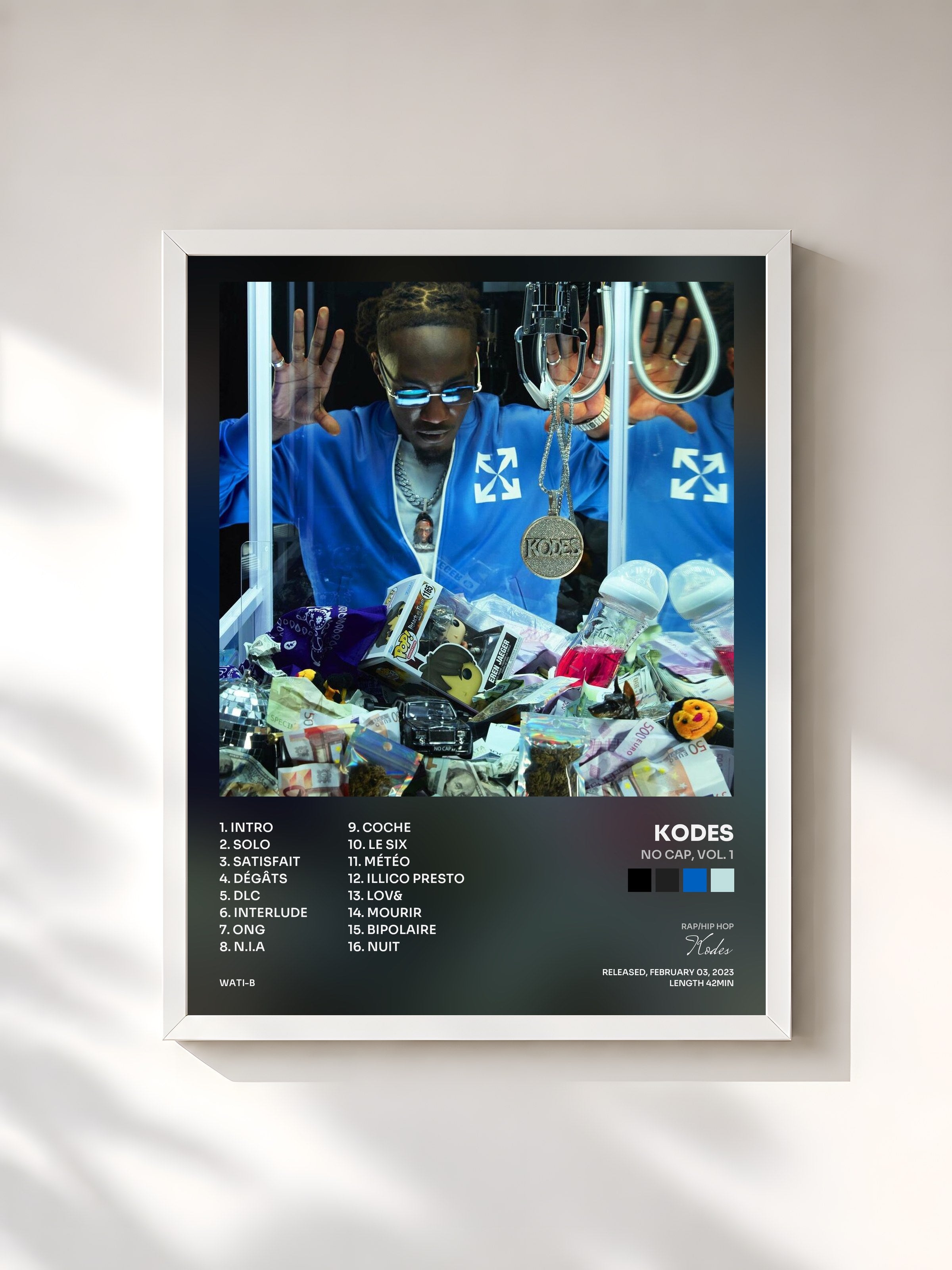 #blanc Tableau de l'album NO CAP, Vol. 1 de Kodes, cadre blanc, imprimé et encadré en France
