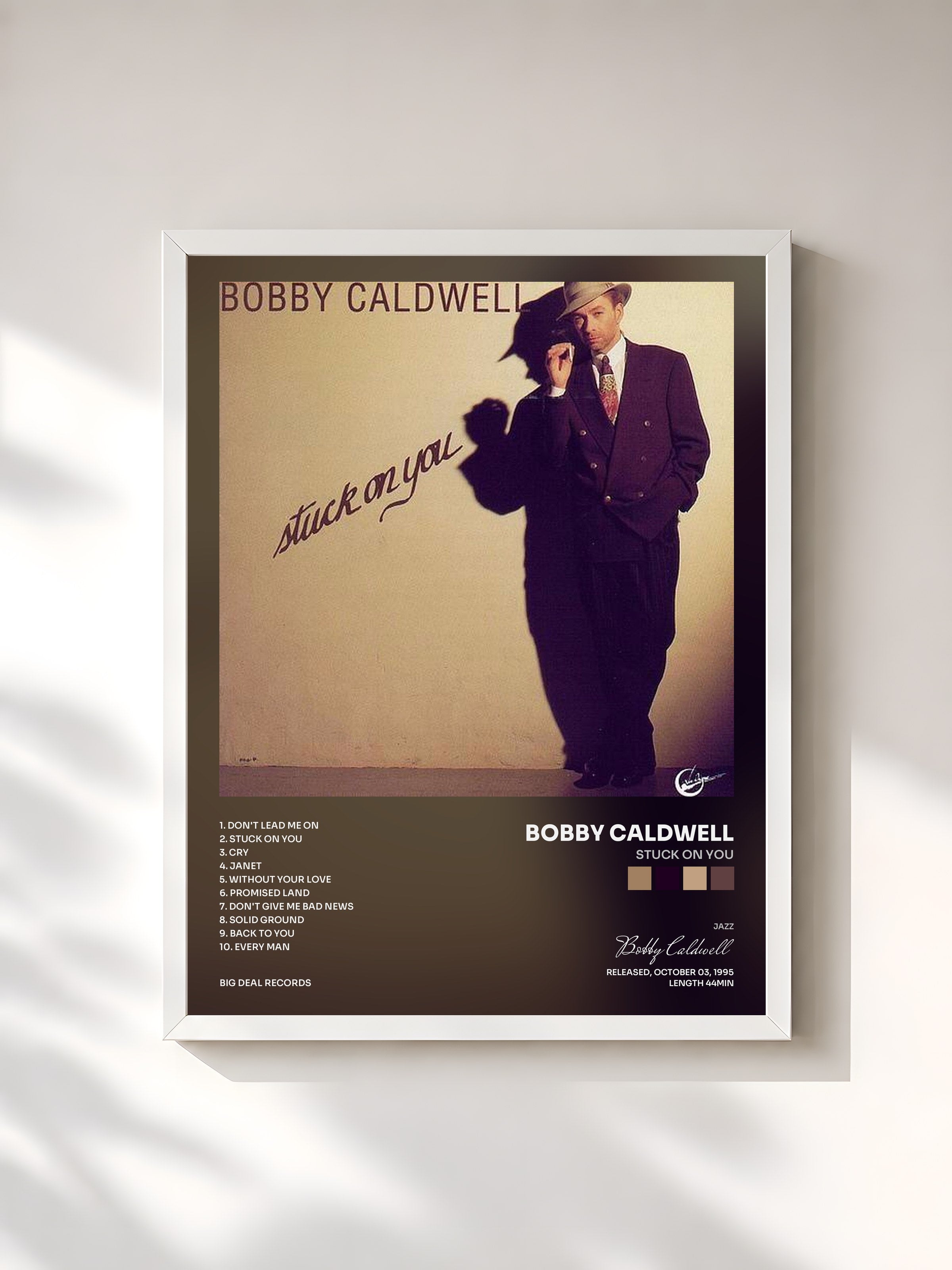 #blanc Tableau de l'album Stuck on You de Bobby Caldwell, cadre blanc, imprimé et encadré en France