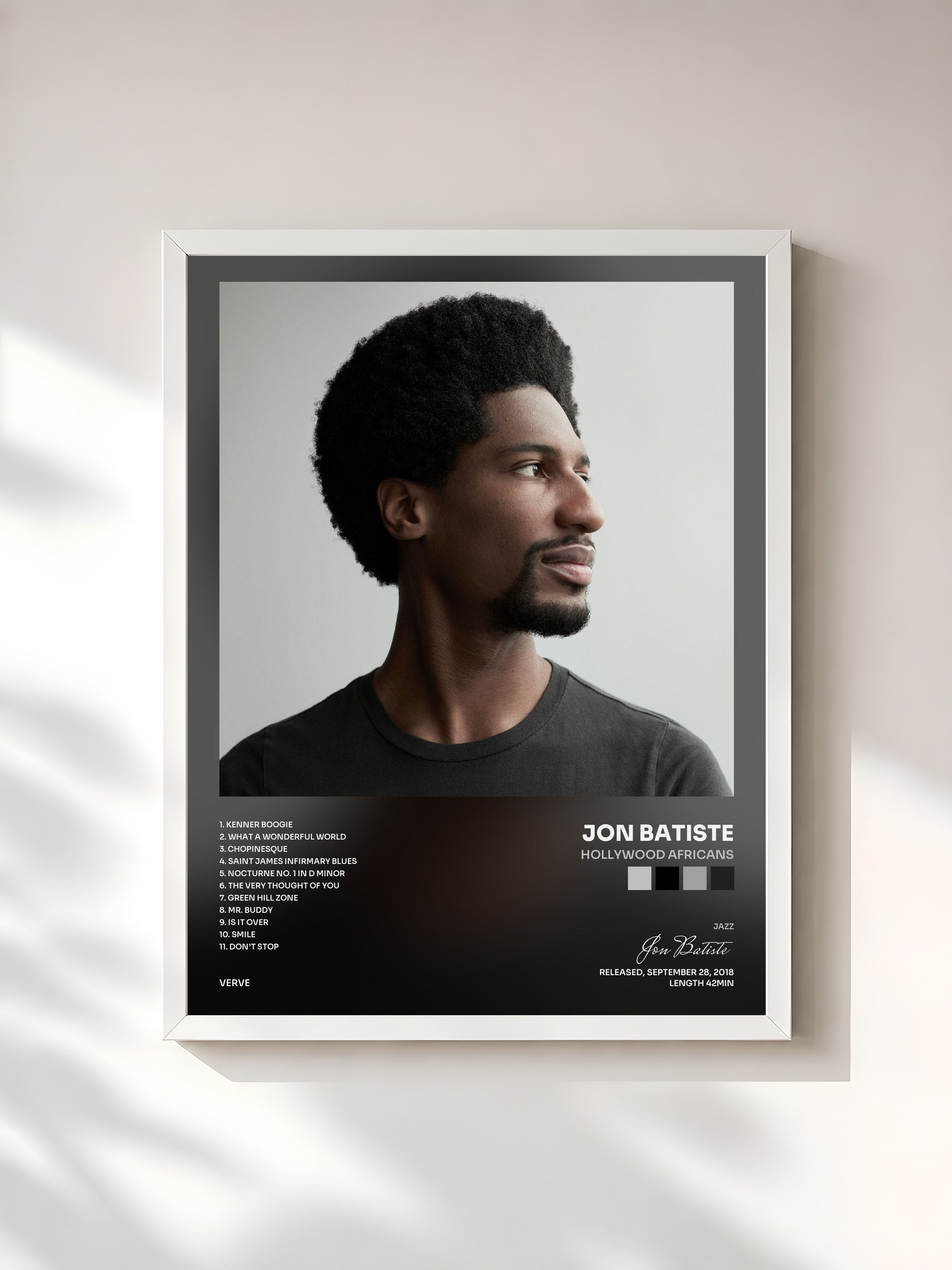 #blanc Tableau de l'album Hollywood Africans de Jon Batiste, cadre blanc, imprimé et encadré en France