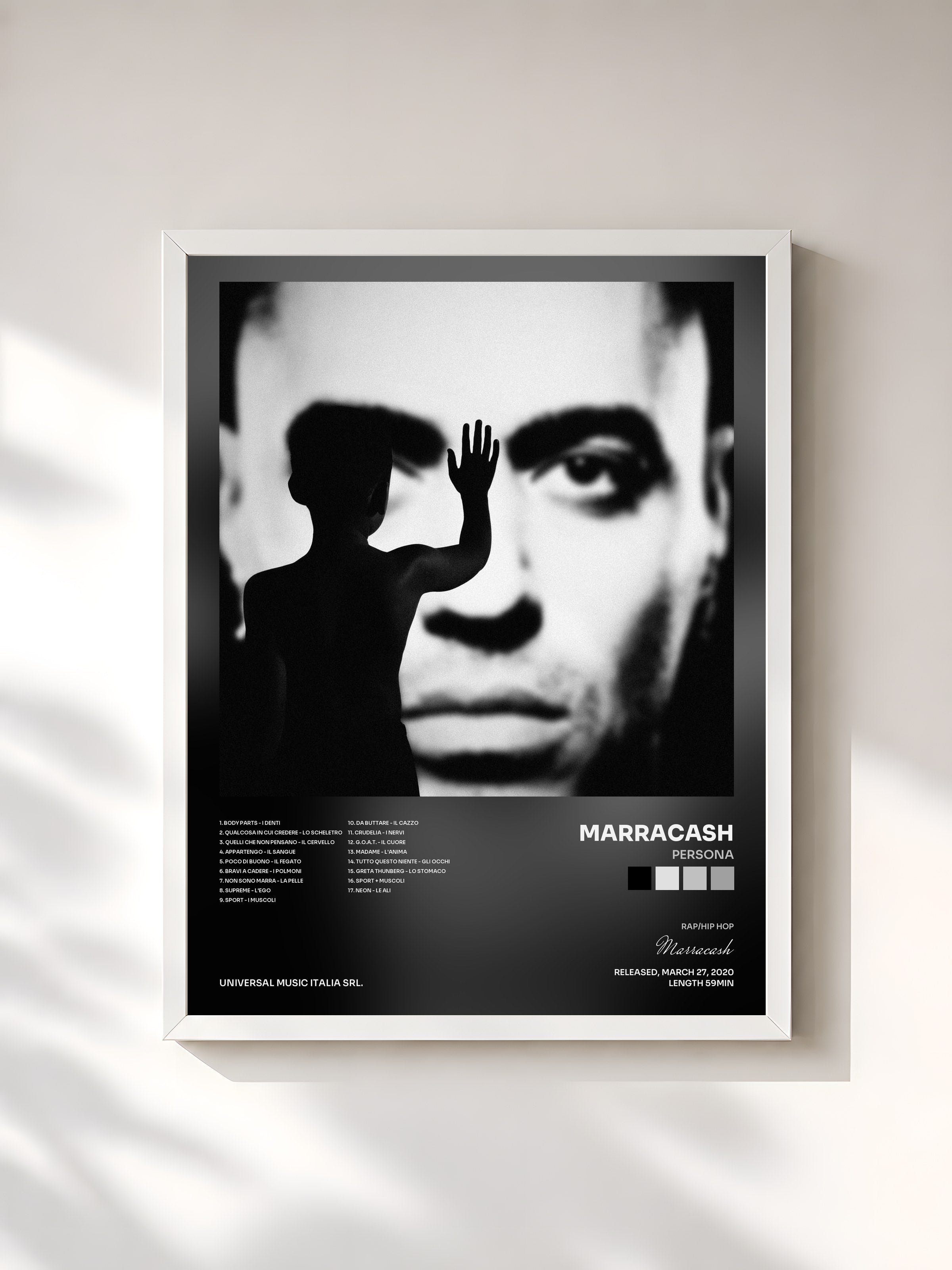 #blanc Tableau de l'album Persona de Marracash, cadre blanc, imprimé et encadré en France