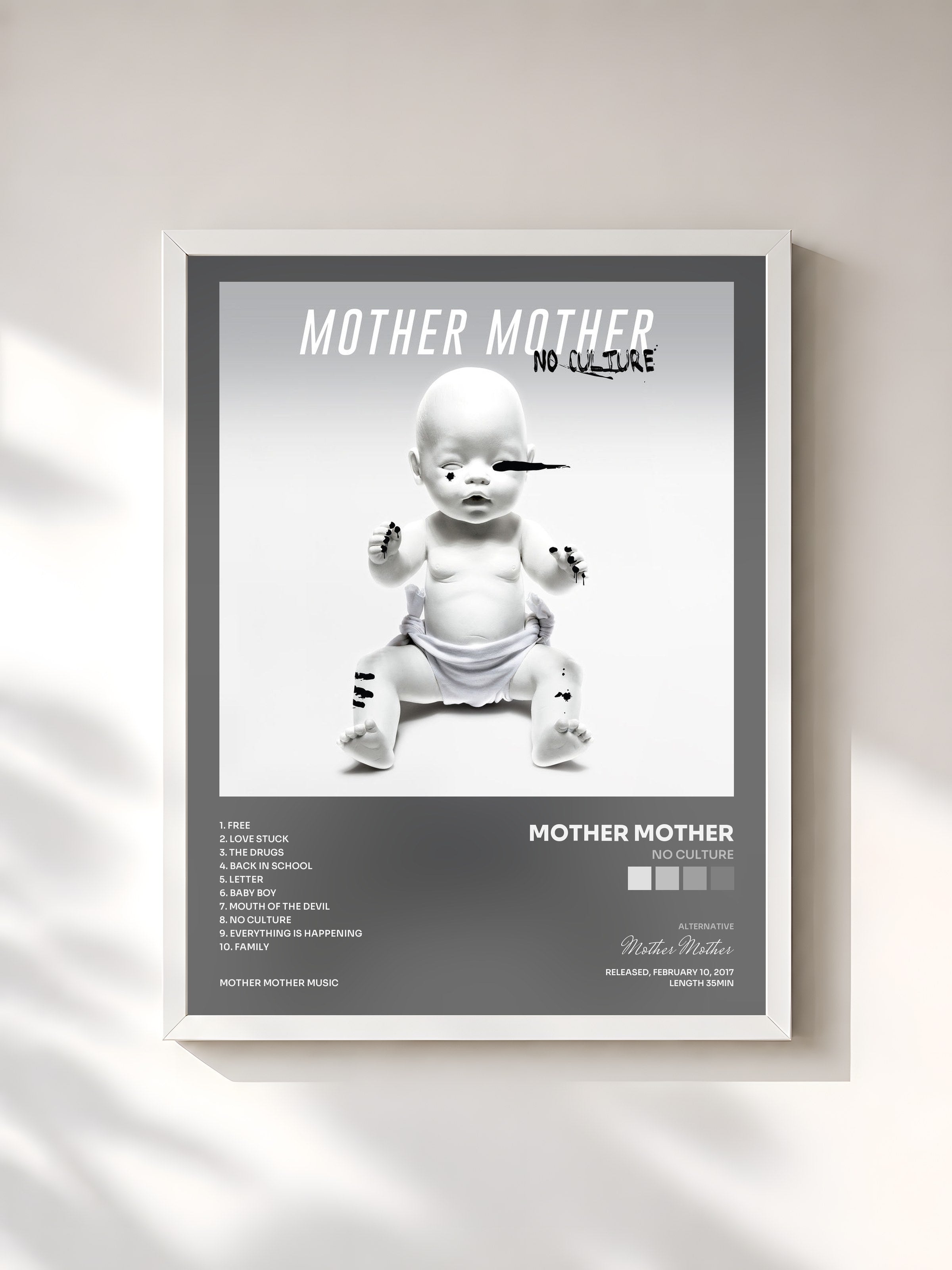 #blanc Tableau de l'album No Culture de Mother Mother, cadre blanc, imprimé et encadré en France
