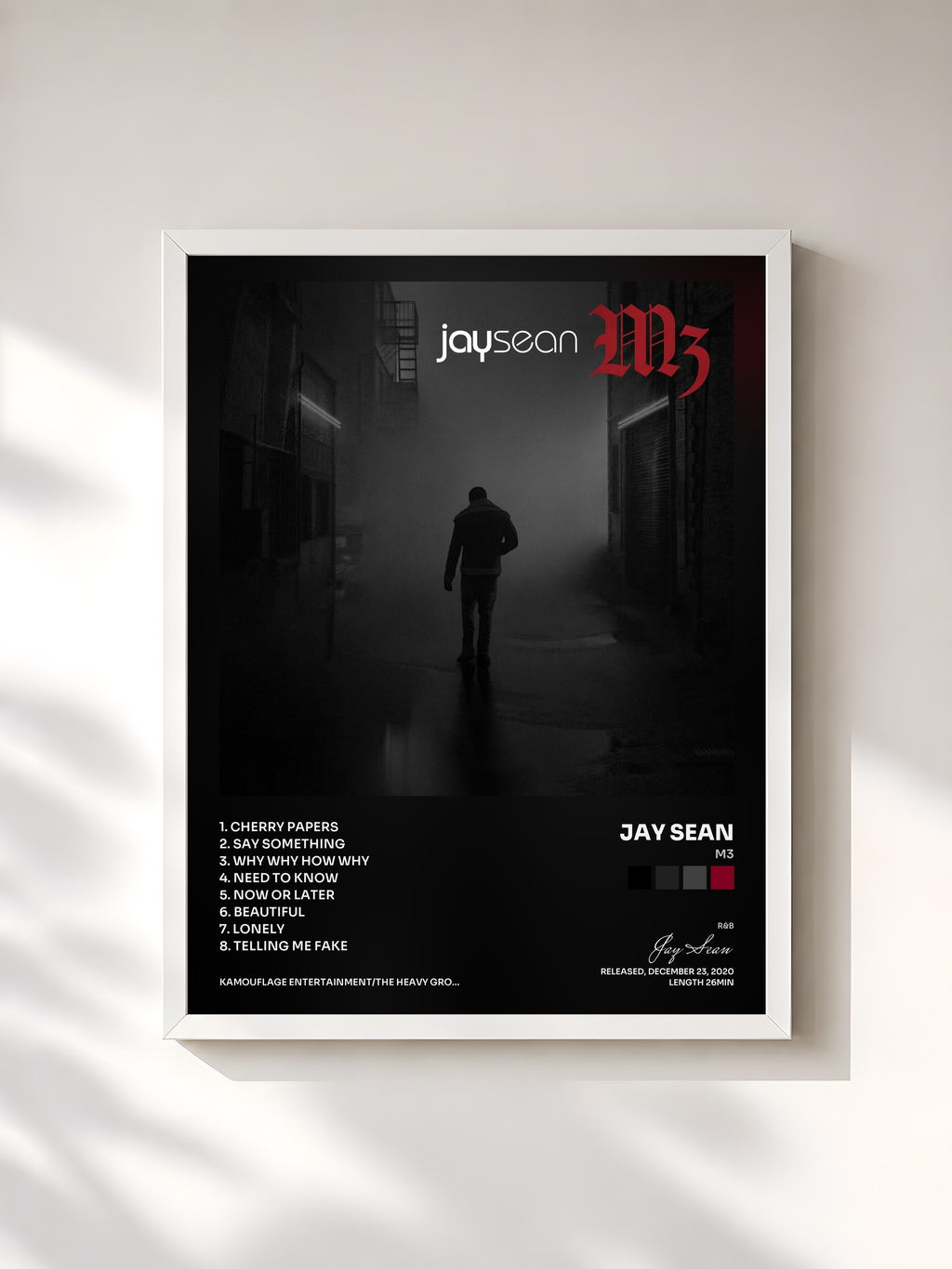#blanc Tableau de l'album M3 de Jay Sean, cadre blanc, imprimé et encadré en France