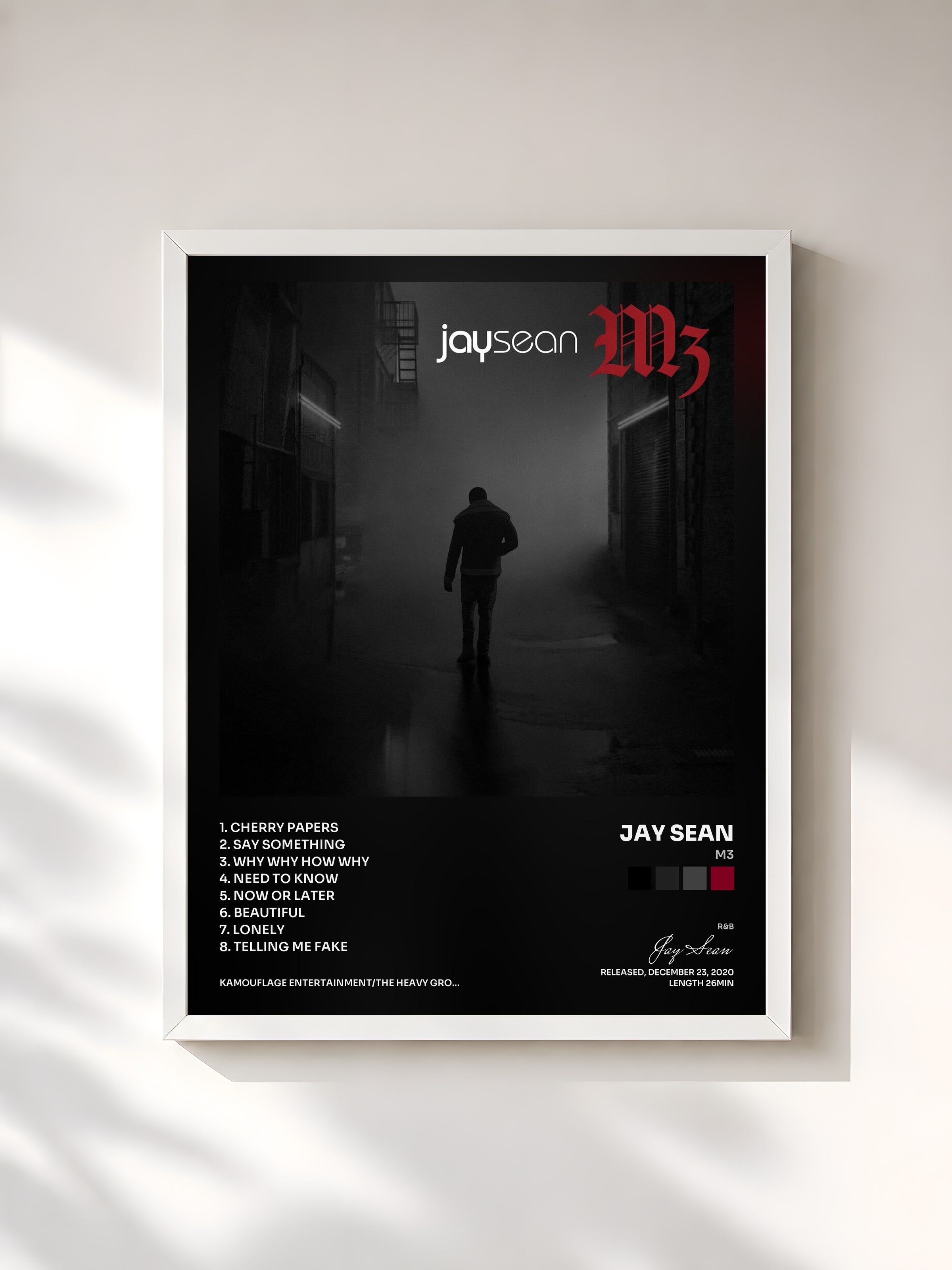 #blanc Tableau de l'album M3 de Jay Sean, cadre blanc, imprimé et encadré en France