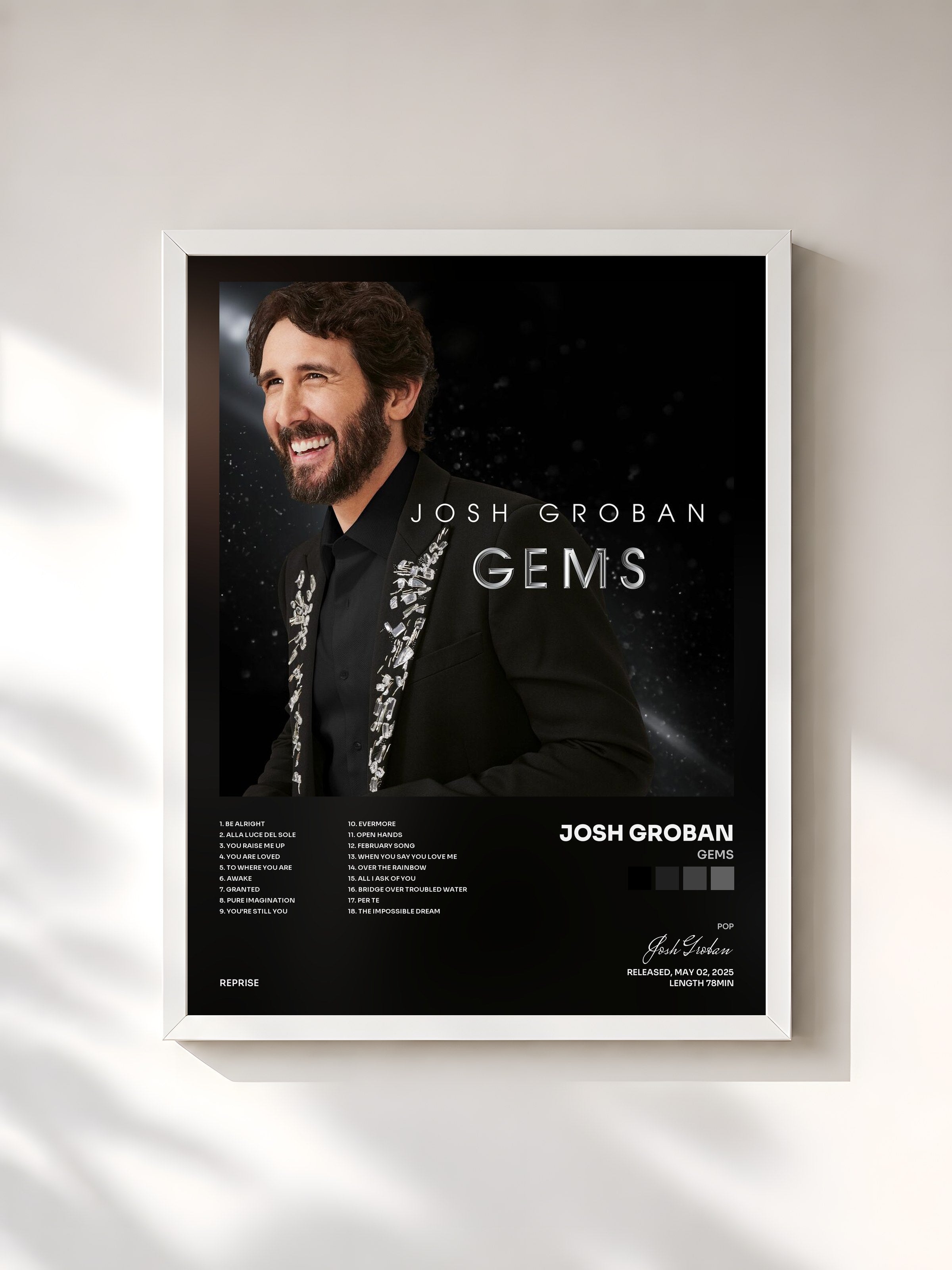 #blanc Tableau de l'album Gems de Josh Groban, cadre blanc, imprimé et encadré en France