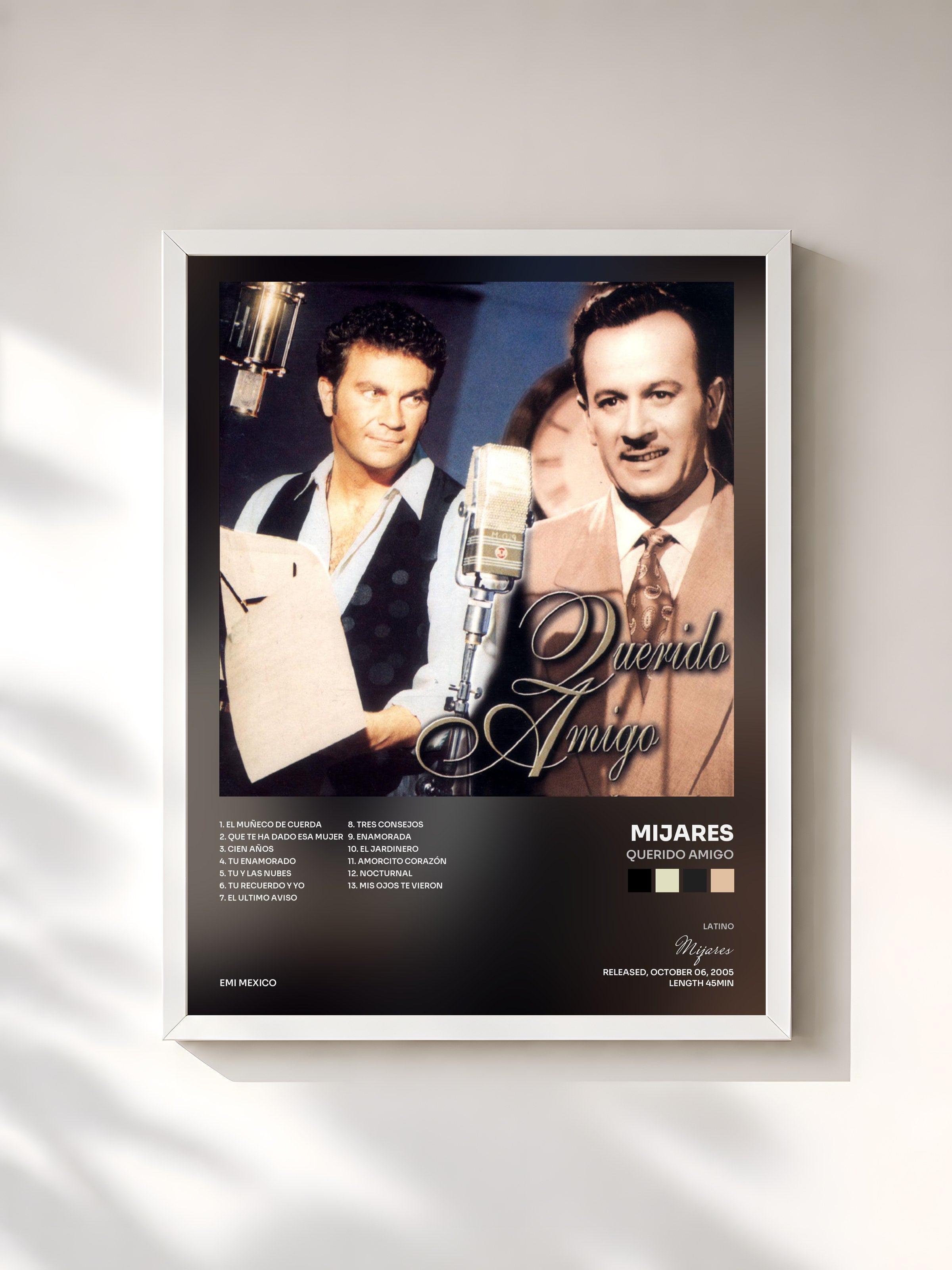 #blanc Tableau de l'album Querido Amigo de Mijares, cadre blanc, imprimé et encadré en France