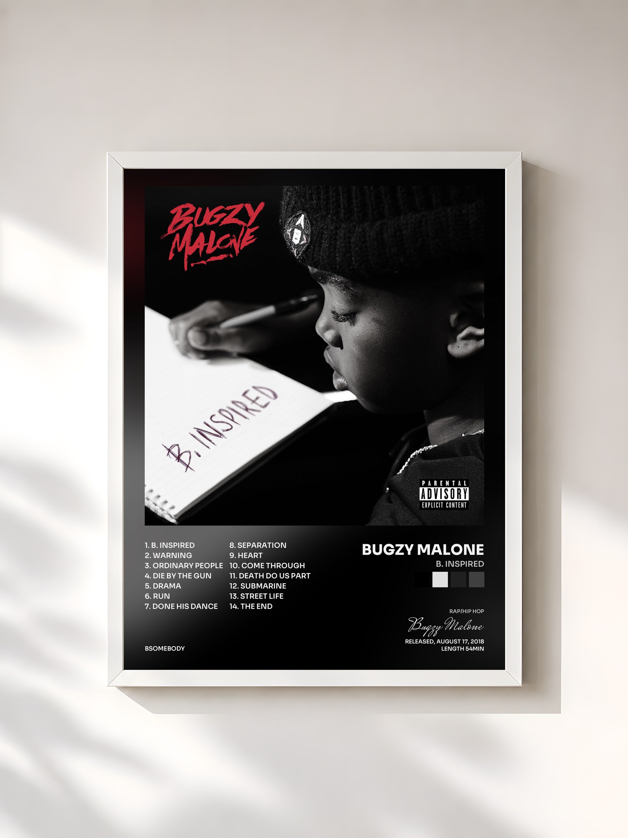 #blanc Tableau de l'album B. Inspired de Bugzy Malone, cadre blanc, imprimé et encadré en France
