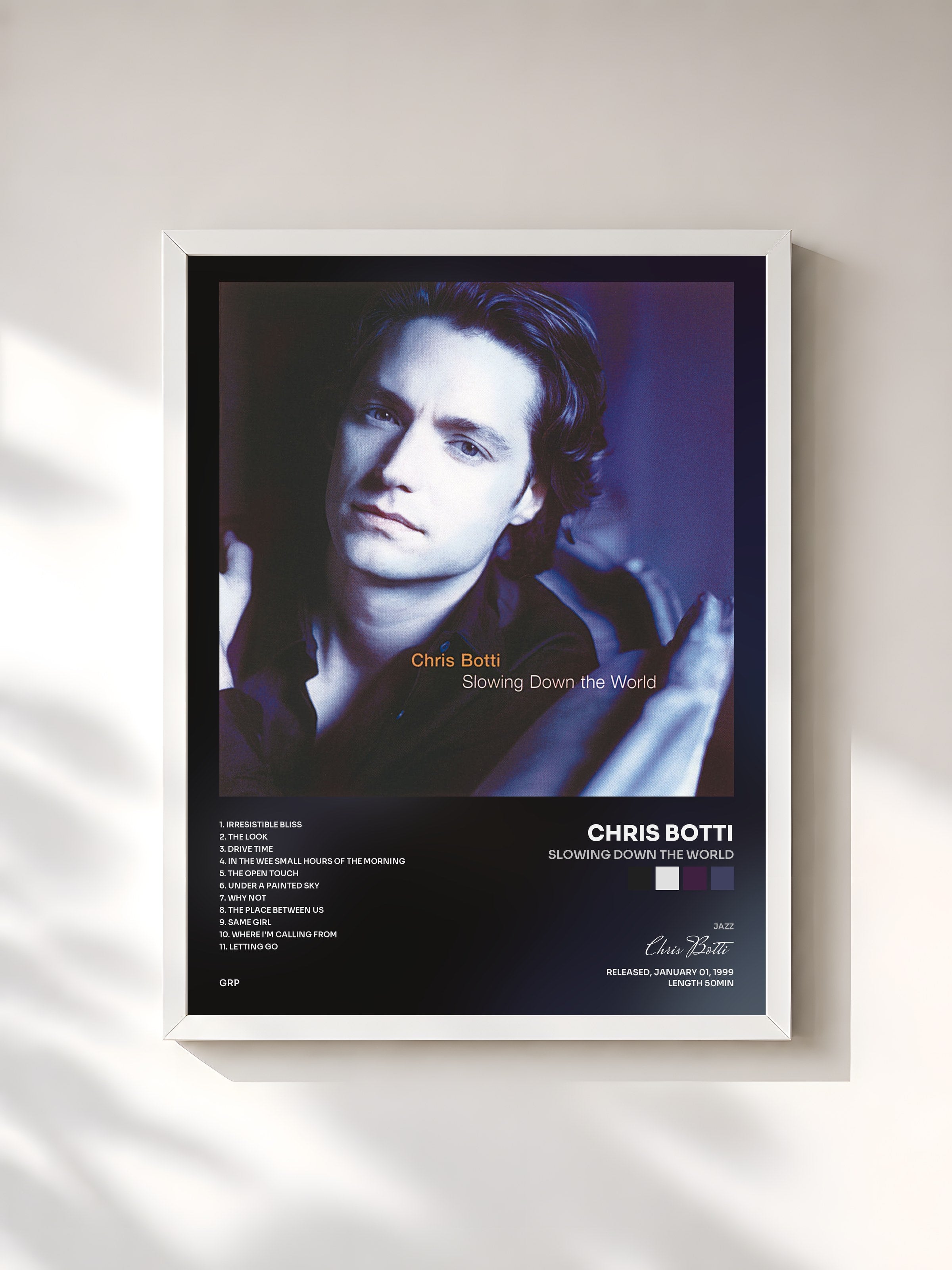 #blanc Tableau de l'album Slowing Down The World de Chris Botti, cadre blanc, imprimé et encadré en France