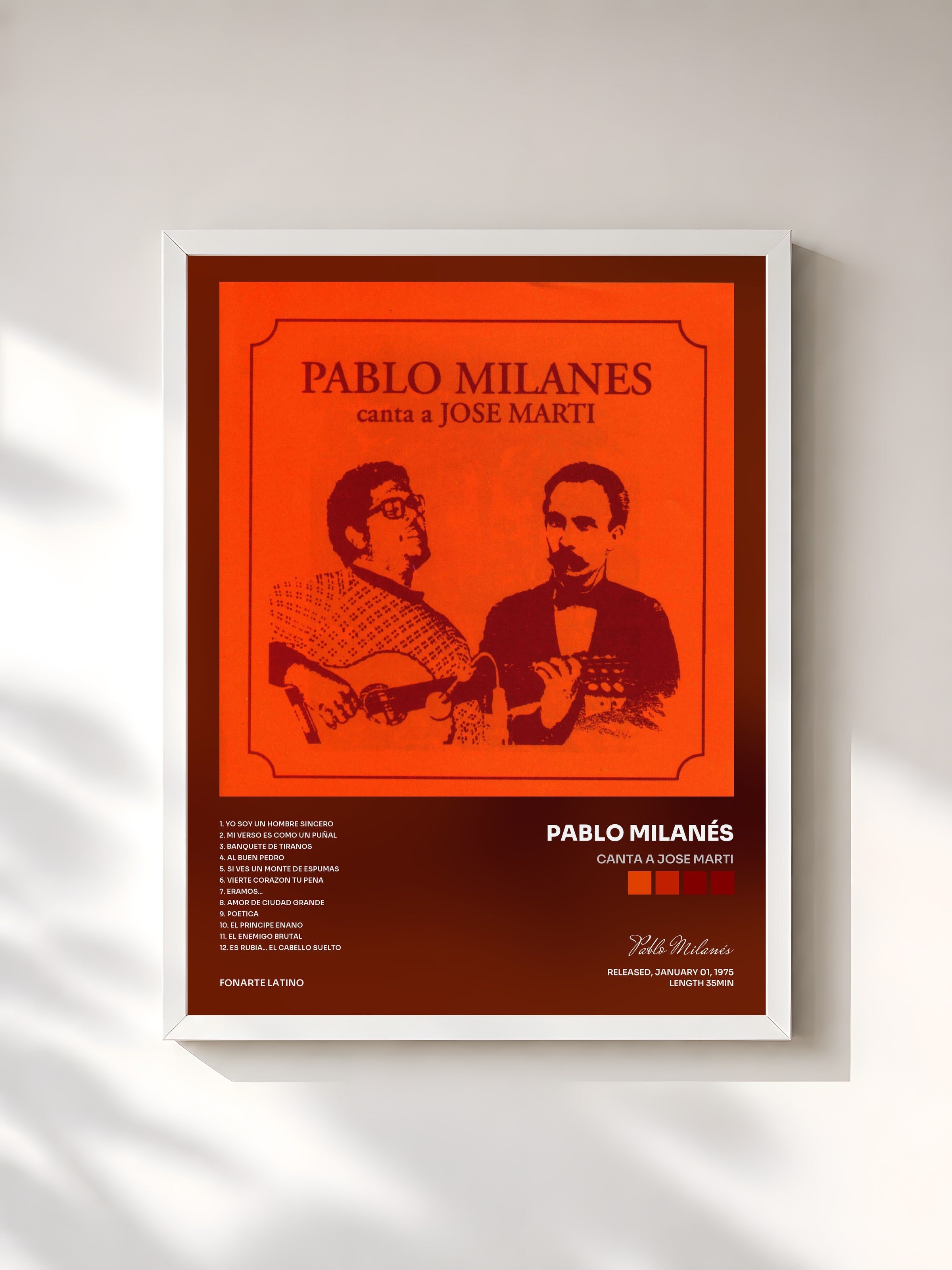 #blanc Tableau de l'album Canta a Jose Marti de Pablo Milanés, cadre blanc, imprimé et encadré en France