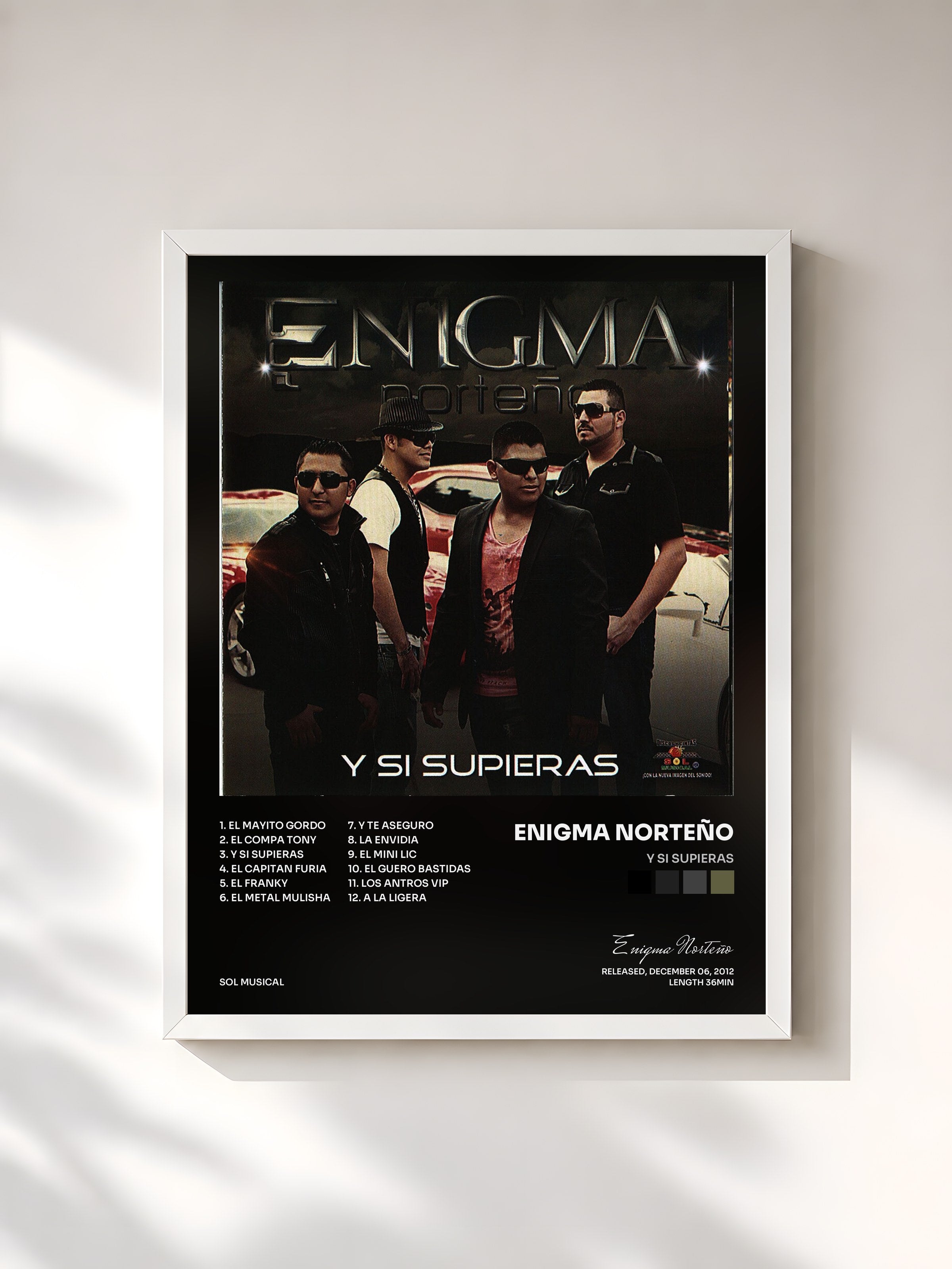 #blanc Tableau de l'album Y Si Supieras de Enigma Norteño, cadre blanc, imprimé et encadré en France