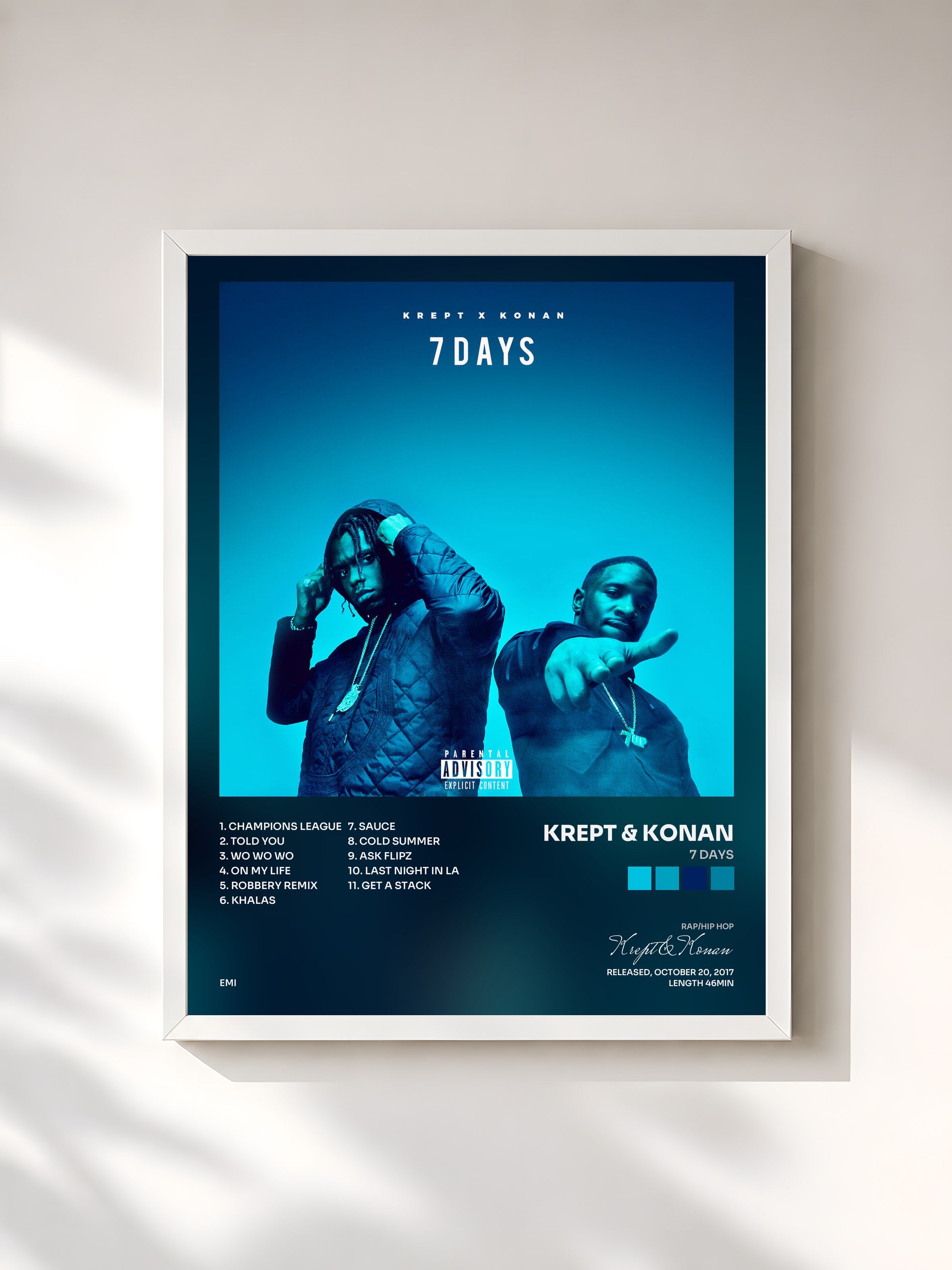 #blanc Tableau de l'album 7 Days de Krept & Konan, cadre blanc, imprimé et encadré en France