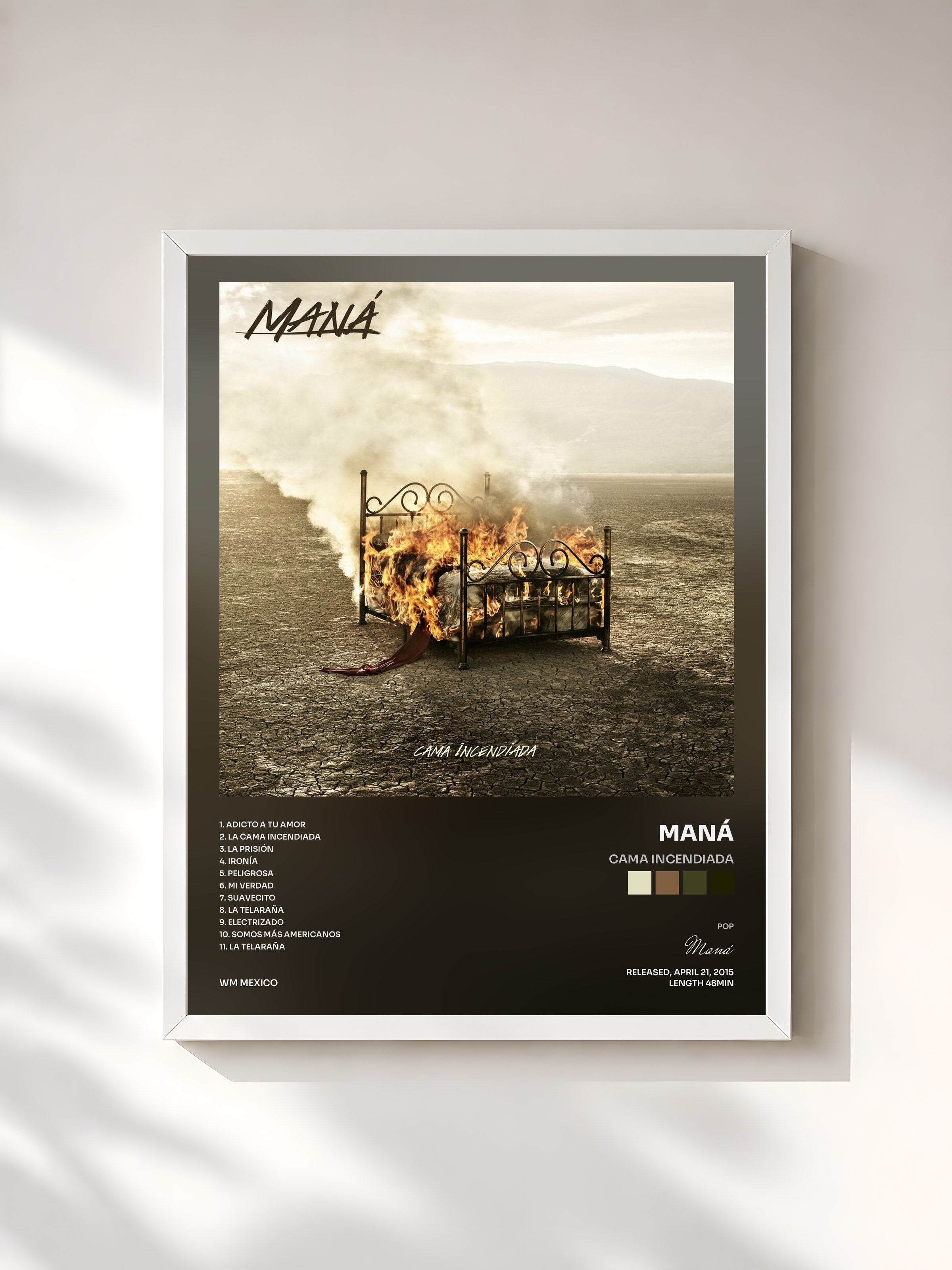 #blanc Tableau de l'album Cama Incendiada de Maná, cadre blanc, imprimé et encadré en France