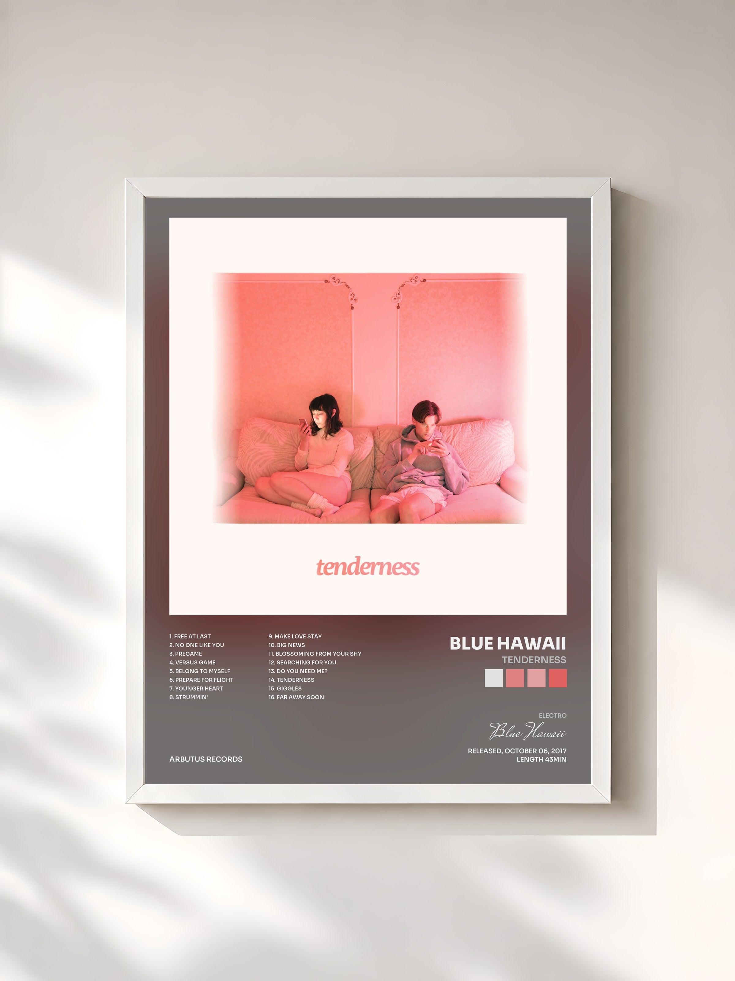 #blanc Tableau de l'album Tenderness de Blue Hawaii, cadre blanc, imprimé et encadré en France