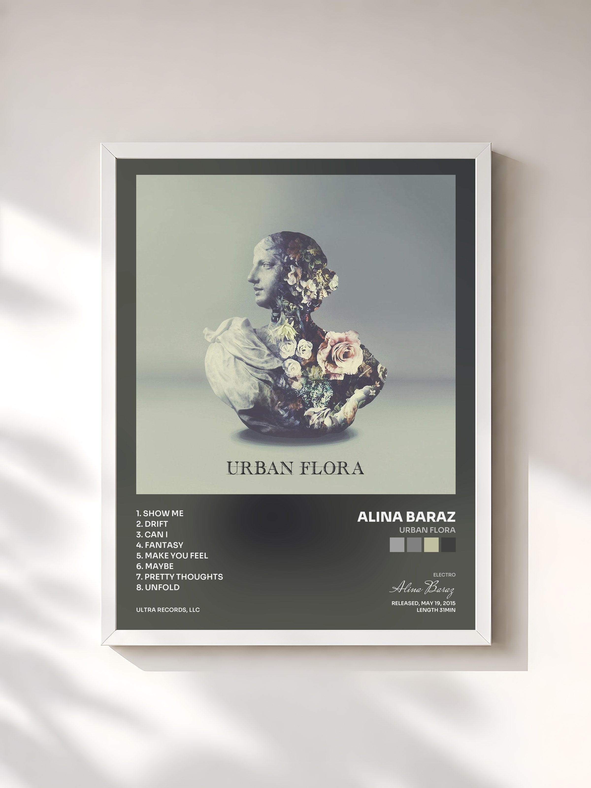 #blanc Tableau de l'album Urban Flora de Alina Baraz, cadre blanc, imprimé et encadré en France