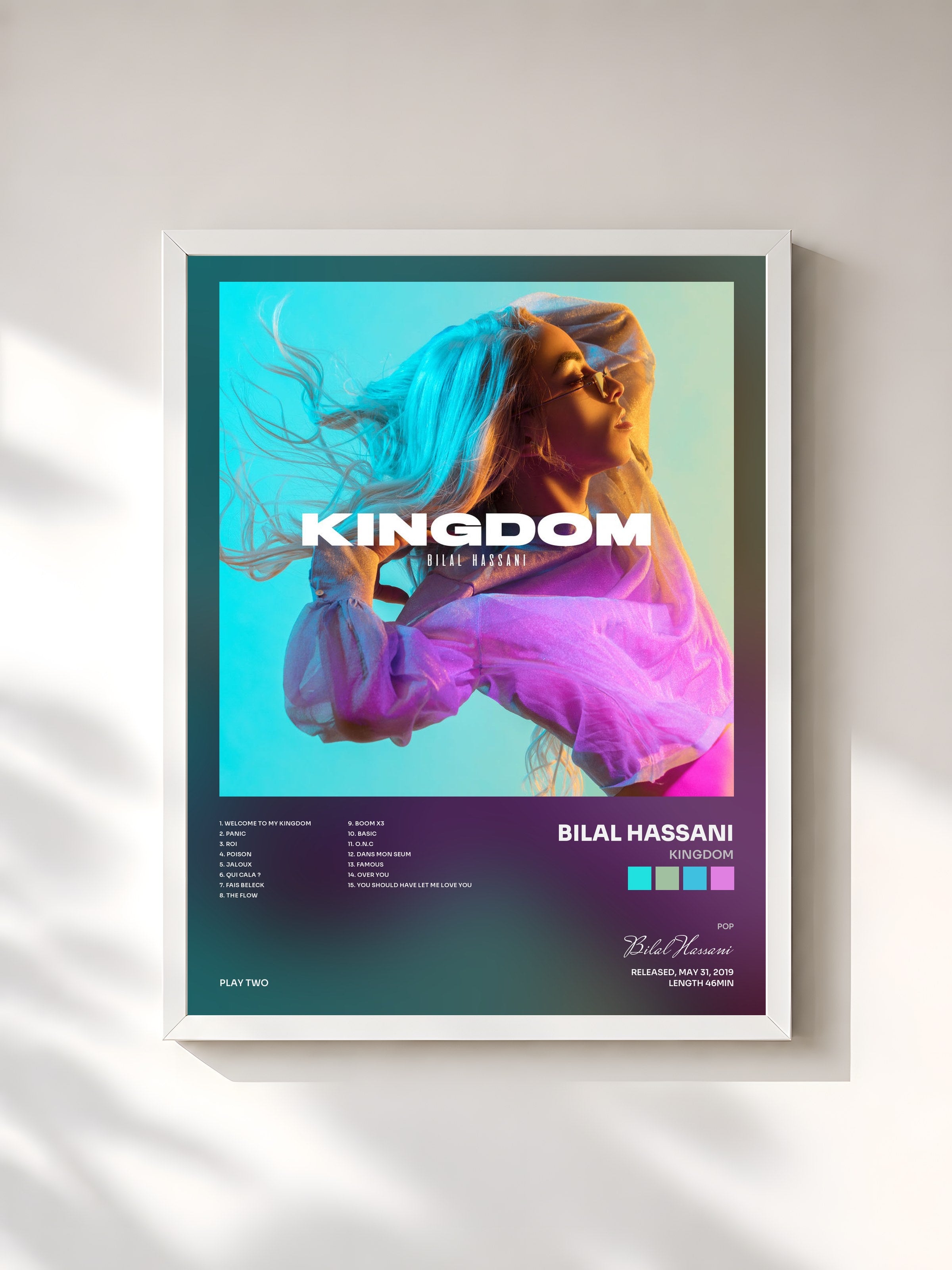 #blanc Tableau de l'album Kingdom de Bilal Hassani, cadre blanc, imprimé et encadré en France