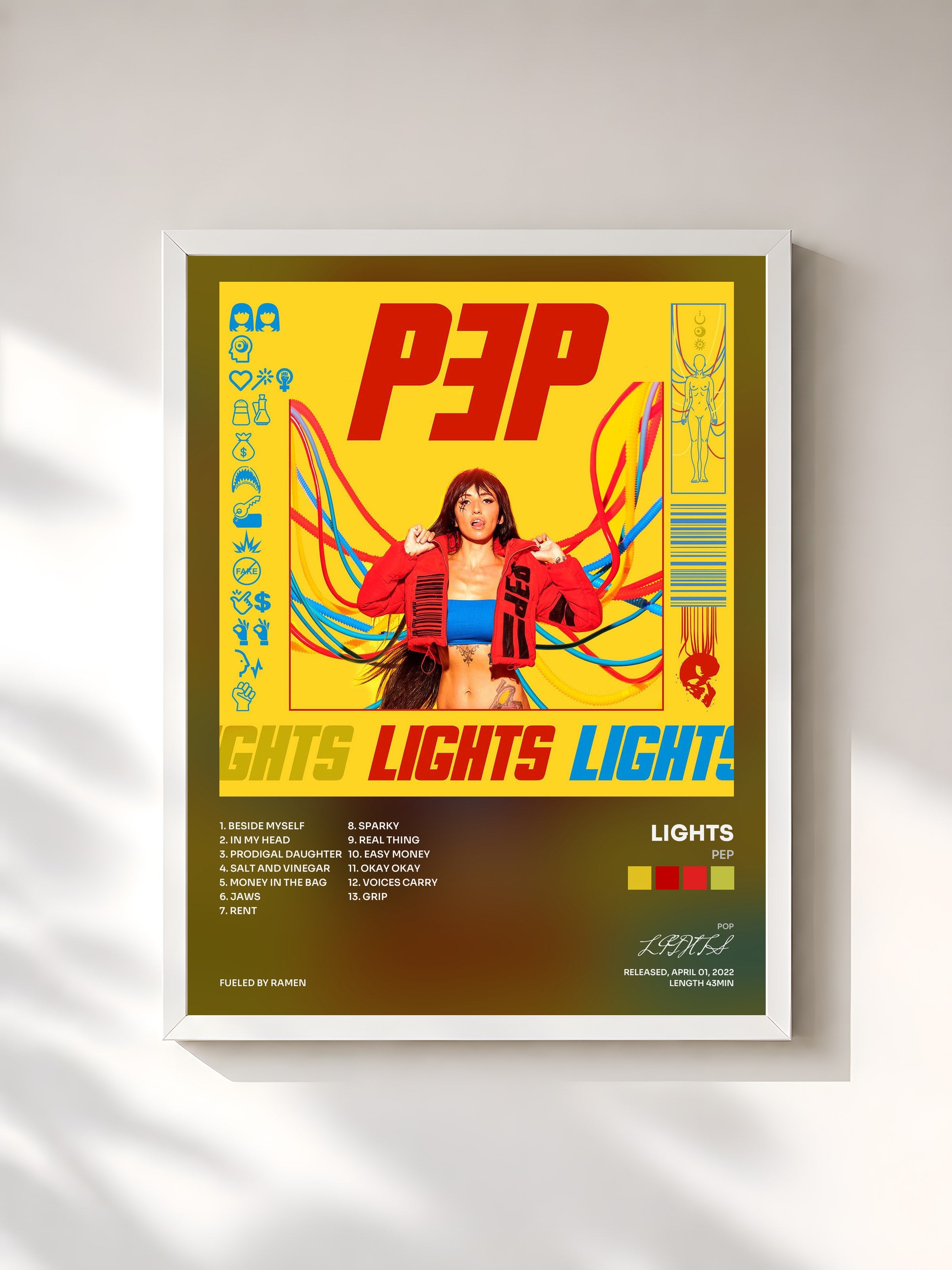 #blanc Tableau de l'album PEP de LIGHTS, cadre blanc, imprimé et encadré en France