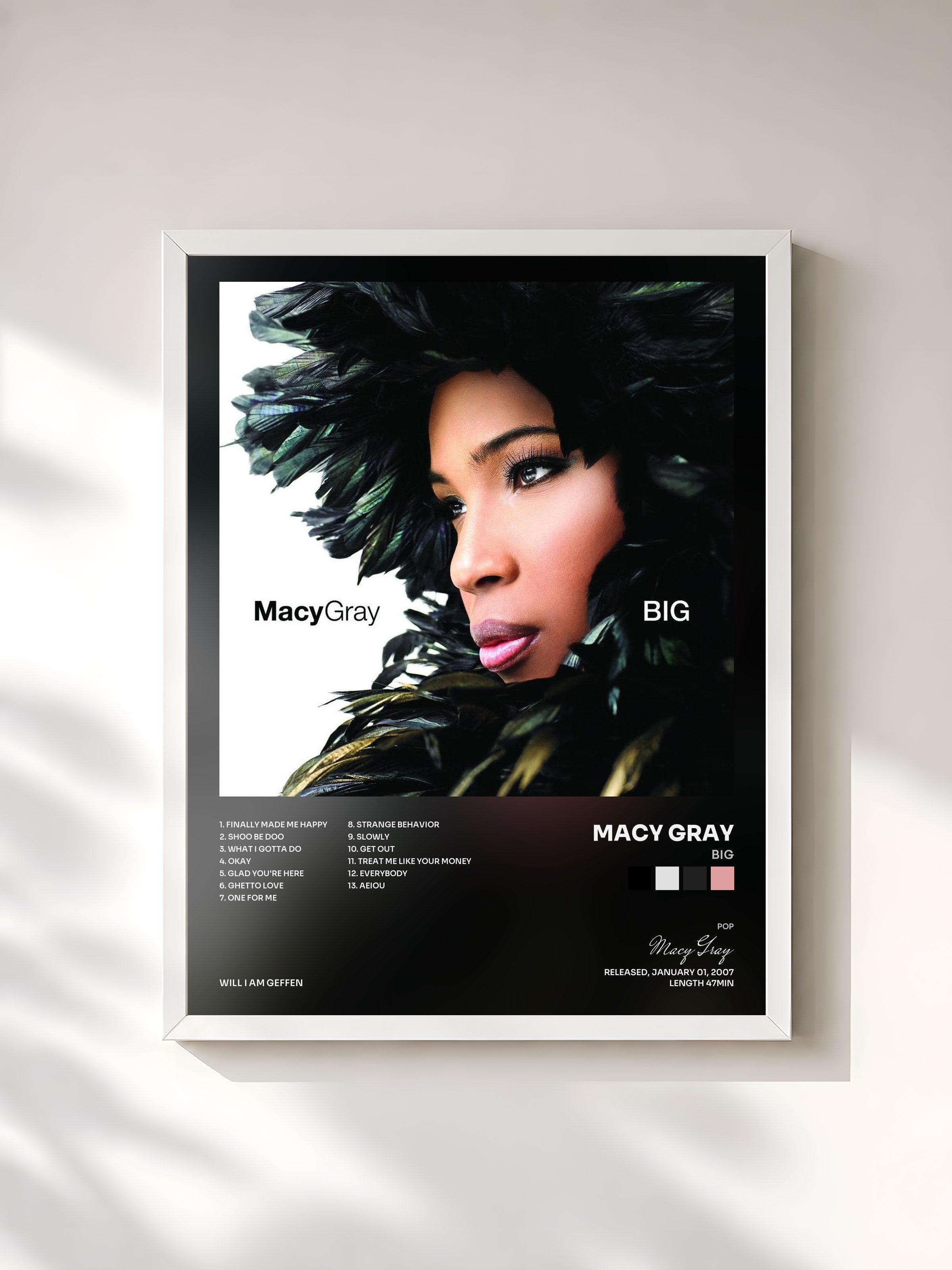 #blanc Tableau de l'album Big de Macy Gray, cadre blanc, imprimé et encadré en France