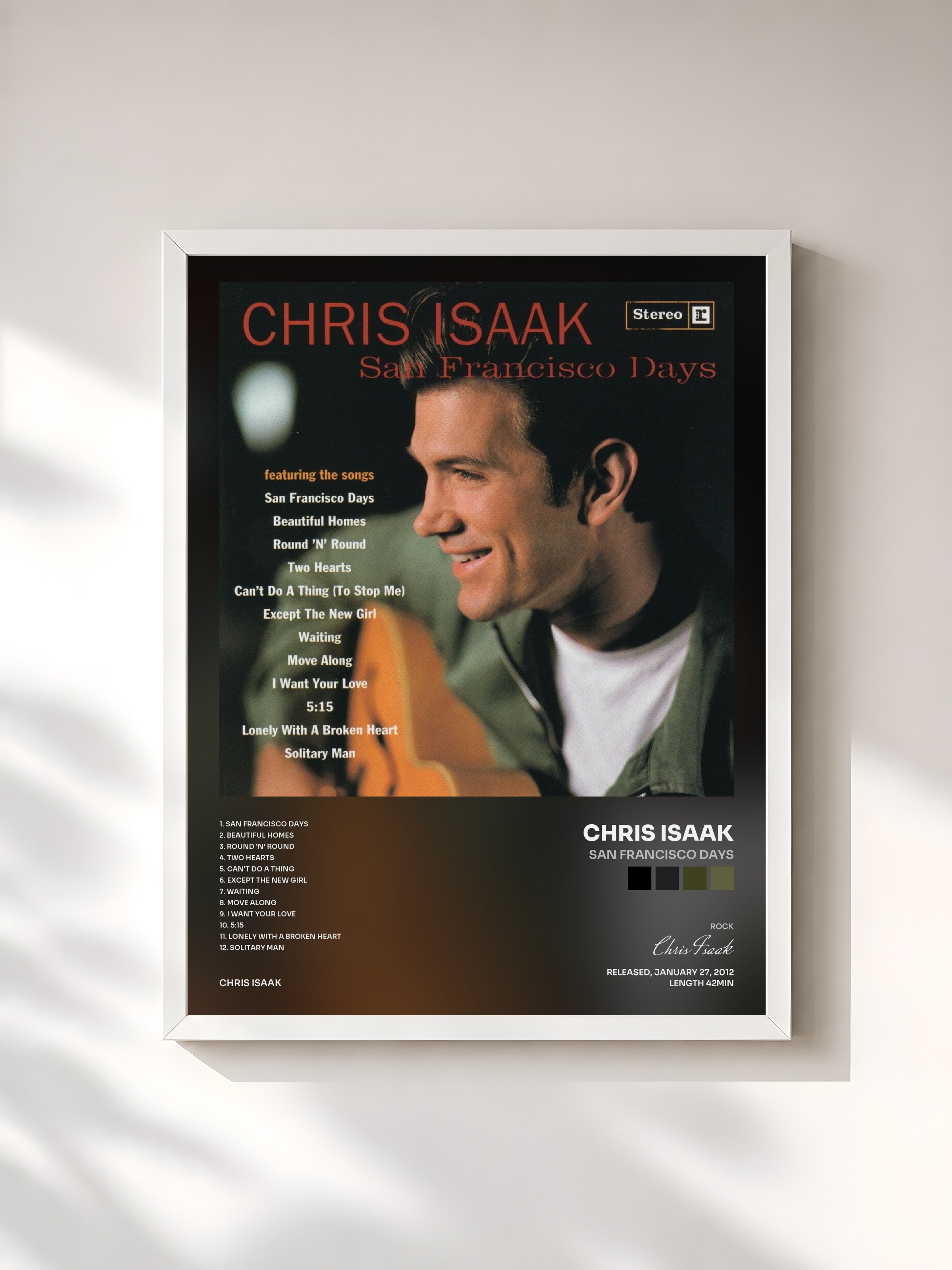 #blanc Tableau de l'album San Francisco Days de Chris Isaak, cadre blanc, imprimé et encadré en France