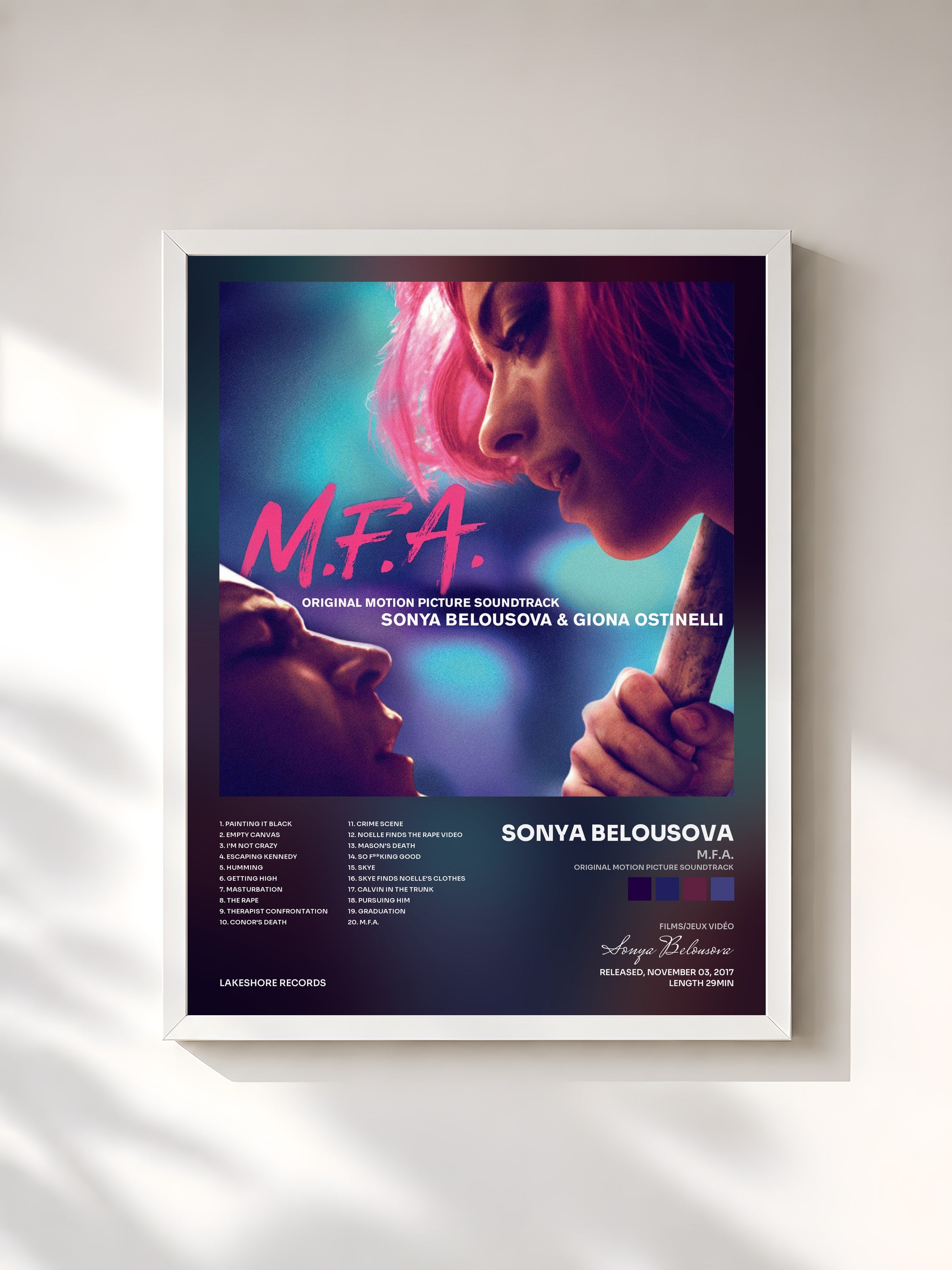 #blanc Tableau de l'album M.F.A. (Original Motion Picture Soundtrack) de Sonya Belousova, cadre blanc, imprimé et encadré en France